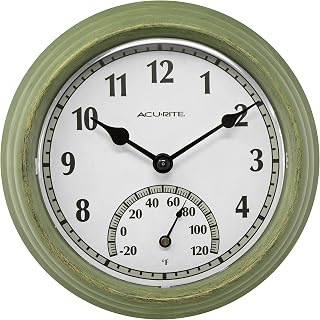 AcuRite 02470 Rustic Green 8.5" Outdoor Clock with Thermometer - Weatherproof Time & Temp for Patio Garden