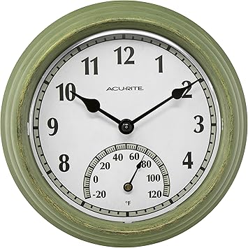 02470 Rustic Green Outdoor Clock with Thermometer, 8.5"