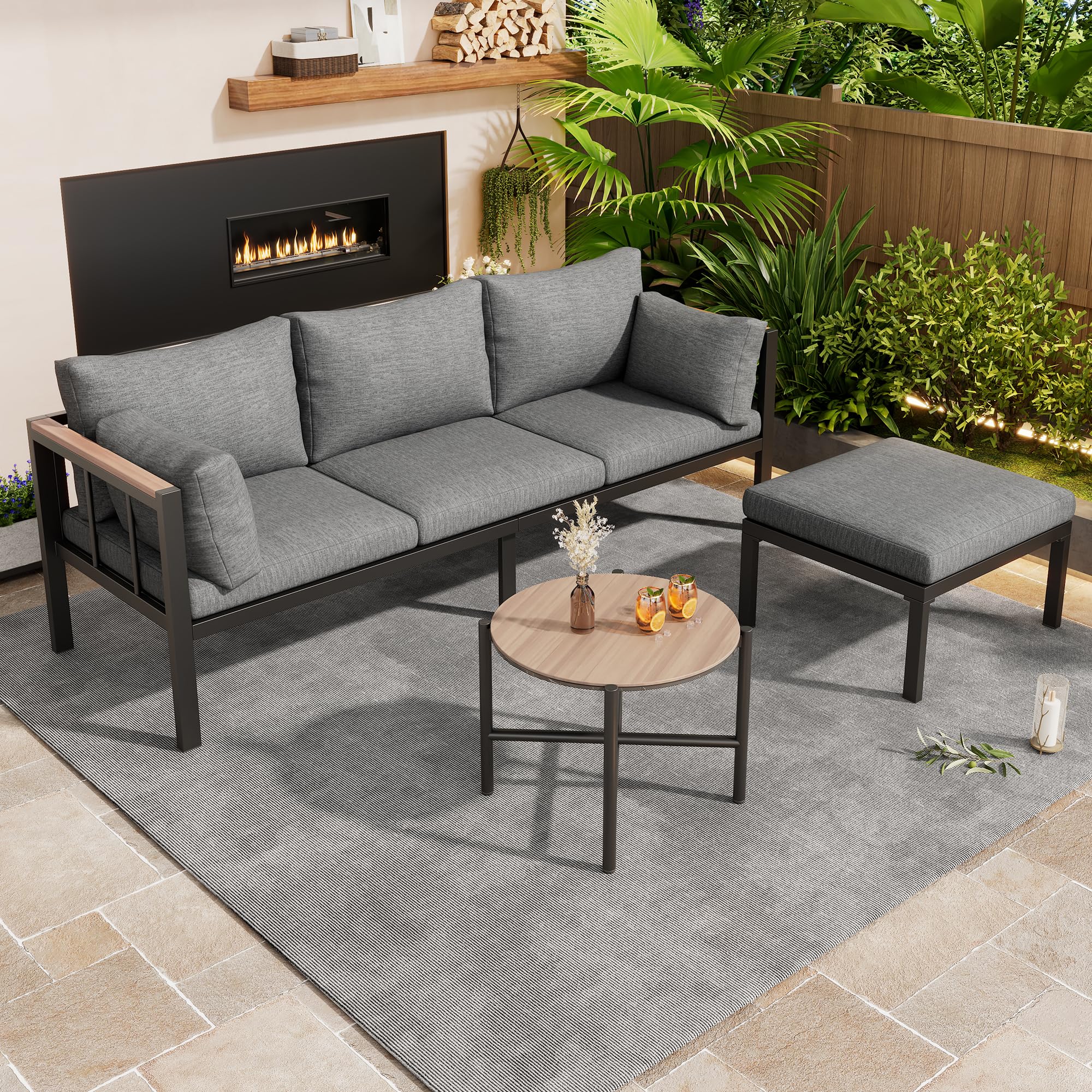 Gartenmöbel-Eckgarnitur 3-teilig Grau, Outdoor Lounge mit Glastisch & Fußhocker, Verzinktes Stahlrohr Polyrattan-Optik, Wetterfest für Garten Terrasse Balkon