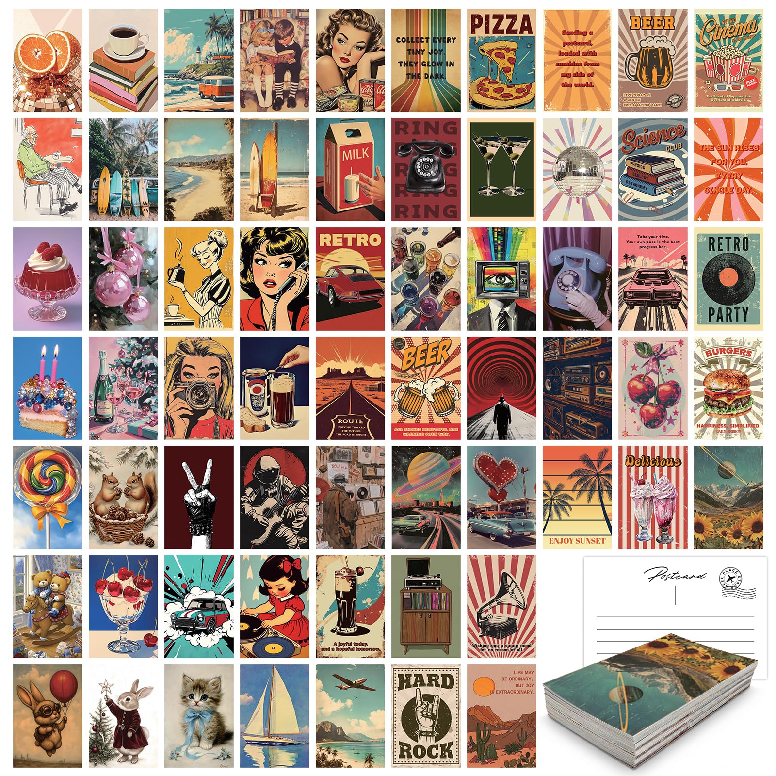 Tlenpo 64 Pcs Vintage Postcard Set, 4 x 6 In Post Cards for Mailing, Retro Advertising Style, Assorted Postcards, Scrapbooks, Wall Collage, DIY Card, Journaling, Pen Pals