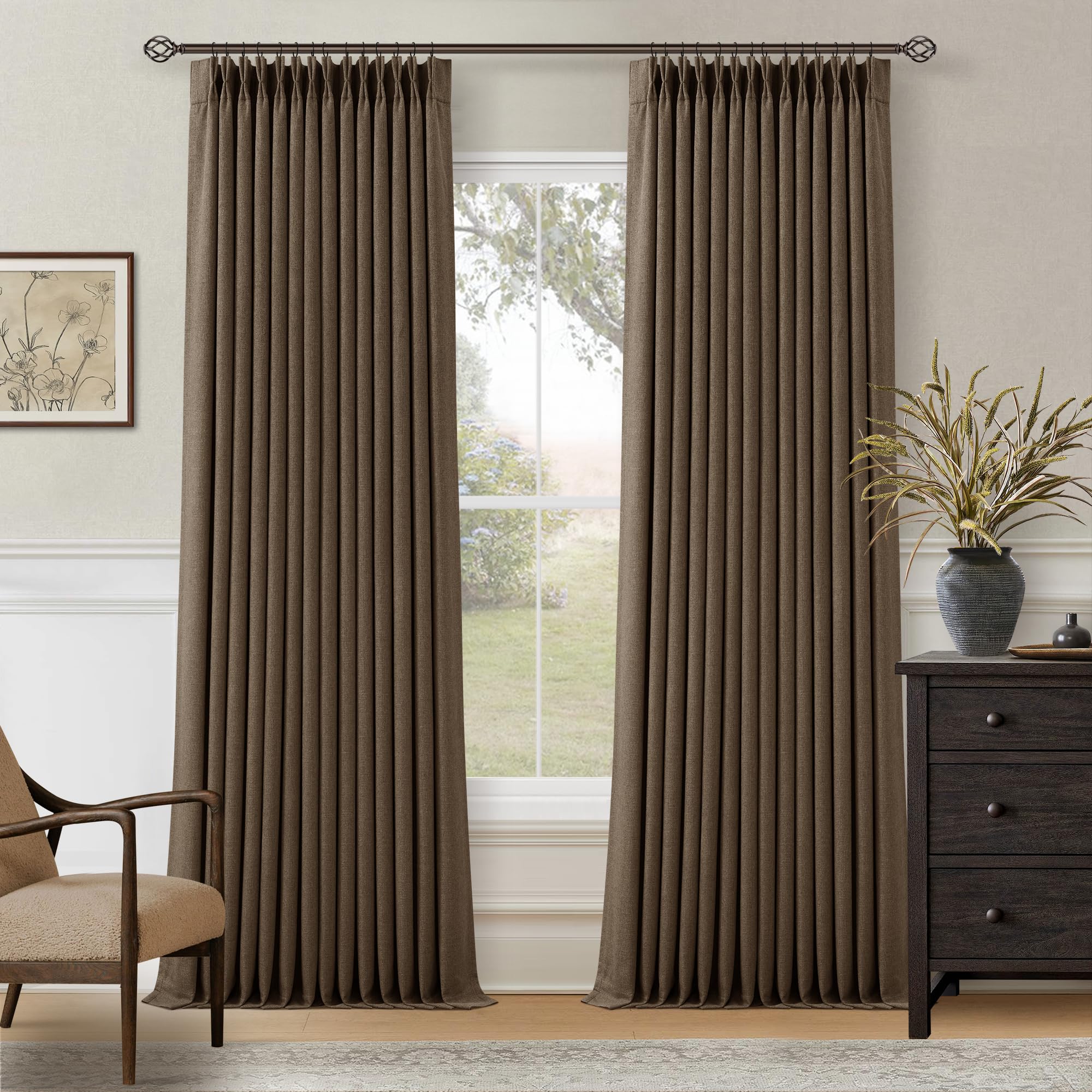 Thick Linen Pleated Brown Blackout Double Layer Curtains 90 Inches Long
