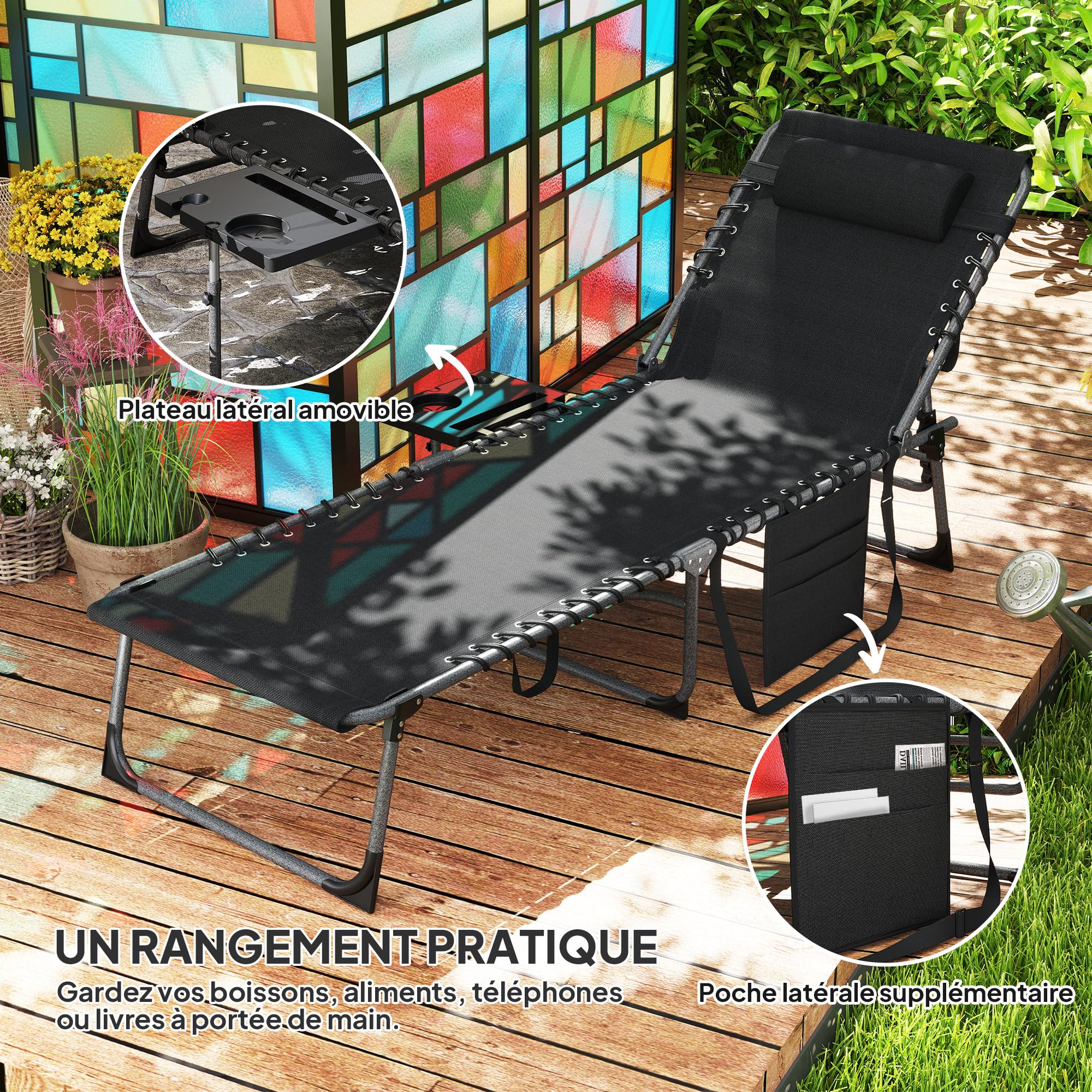 Outsunny Bain de Soleil Chaise Longue Pliante Plateau 60x190x31cm Noir | Appuie-Tête, Poche Latérale, Transat Inclinable, Oxford 600D, Transat Jardin Extérieur, Camping Piscine Terrasse