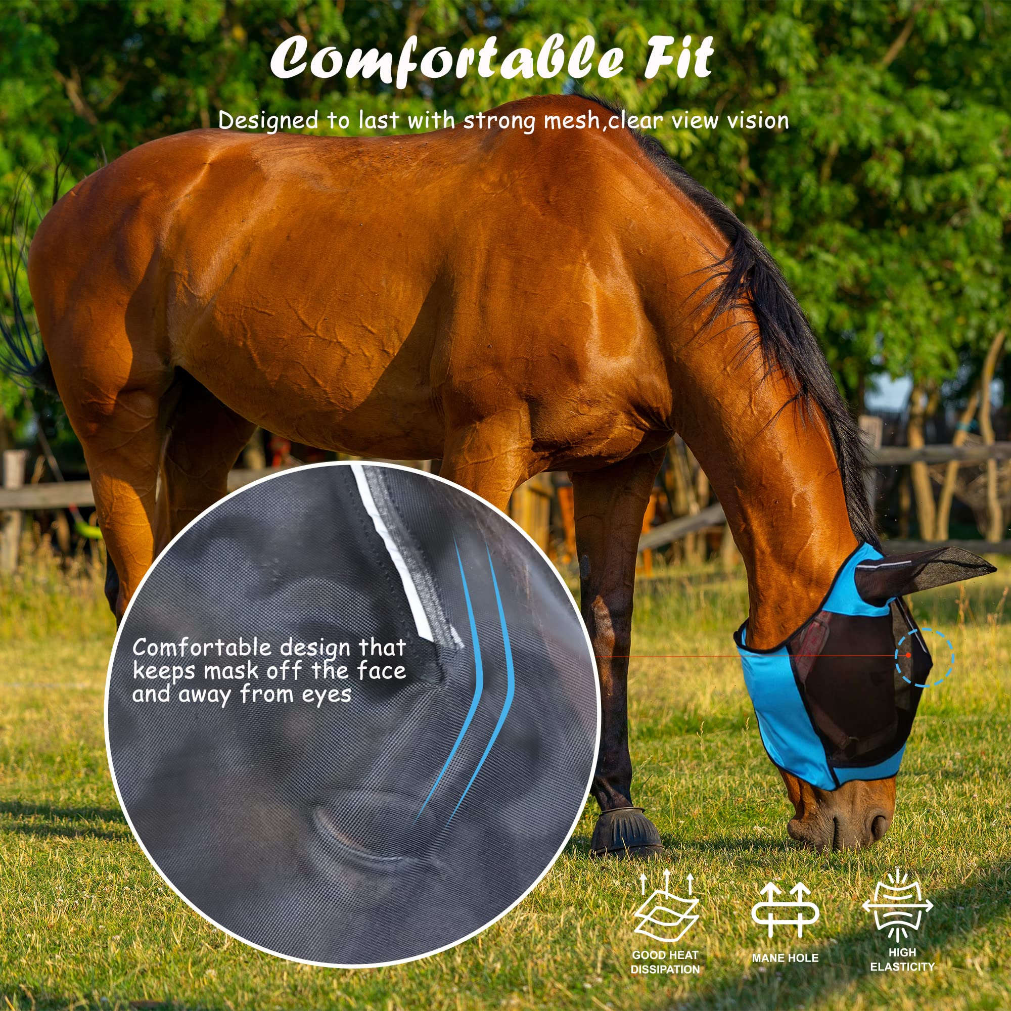 Máscara de caballo con malla fina transpirable para protección UV y protege la cara, las orejas y los ojos del caballo de los tábanos, malla suave, garantiza una vista y respiración sin