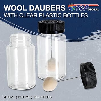 TCP Global 12-Pack Wool Daubers with Clear Plastic Bottles, 4 oz. (120 ml) - Safety Lids, Applicator Ball Brushes for Leather Dye, Dyeing, Painting, Gluing, DIY Arts and Crafts, Contact Cement