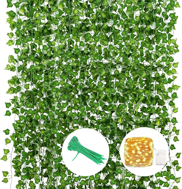 WOGREZ Artificial Ivy 12 Pack 84 Ft with 100 LED String Light Fake Ivy Garland Vines Hanging Fake Plant UV Resistant ivy Garland vines for Room Decor Wedding Party Home Garden Decoration(green)