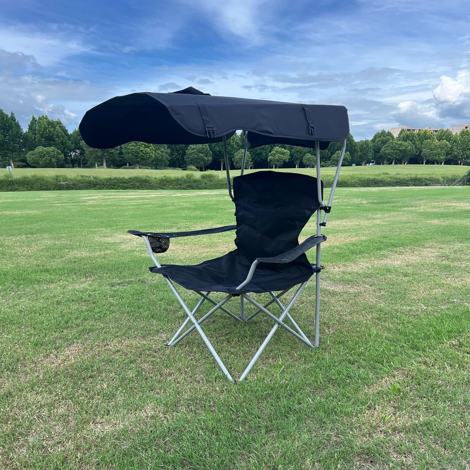 Chaise de Camping Pliable Surdimensionnée Portable avec Porte Gobelets et Accoudoirs Cadre Stable pour Extérieur Intérieur Camping Pêche Couleur Noir Gris F