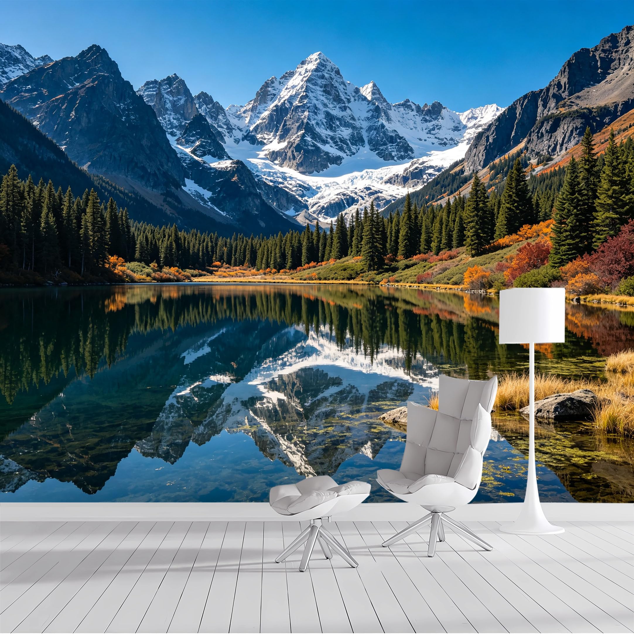 Custom Size Wall Mural Alpine Lake Mountain Reflection Forest Landscape Panoramic SelfAdhesive Wall Fabric Removable Peel and Stick Wallpaper Wall Decor for Living Room Bedroom Bathroom