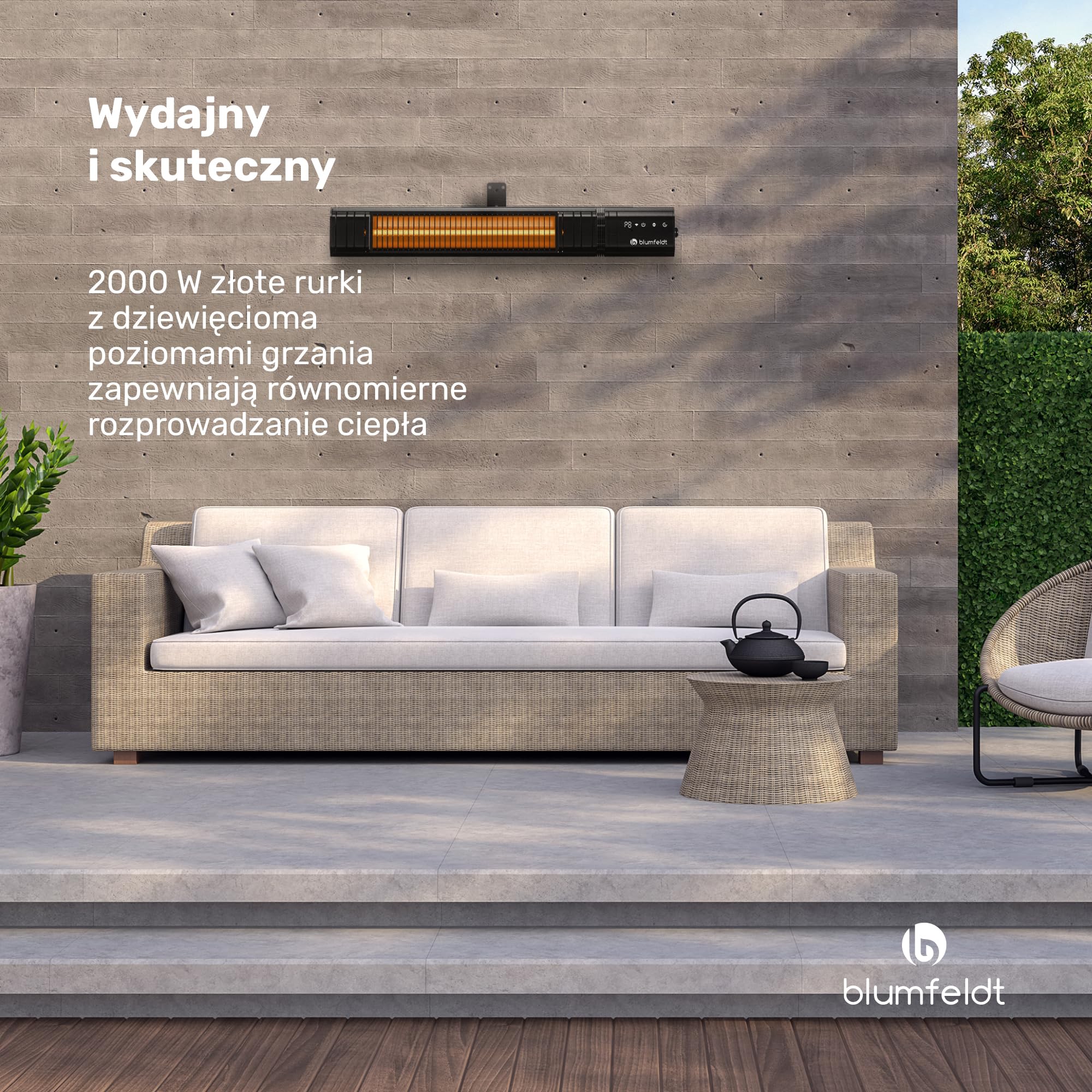Blumfeldt Ogrzewanie na podczerwień 2000 W – Montaż ścienny i sufitowy, IP65 wodoodporne, 24 stopnie grzania, Sterowanie WiFi, Złote rurki, Blokada rodzicielska, na balkon, taras i ogród