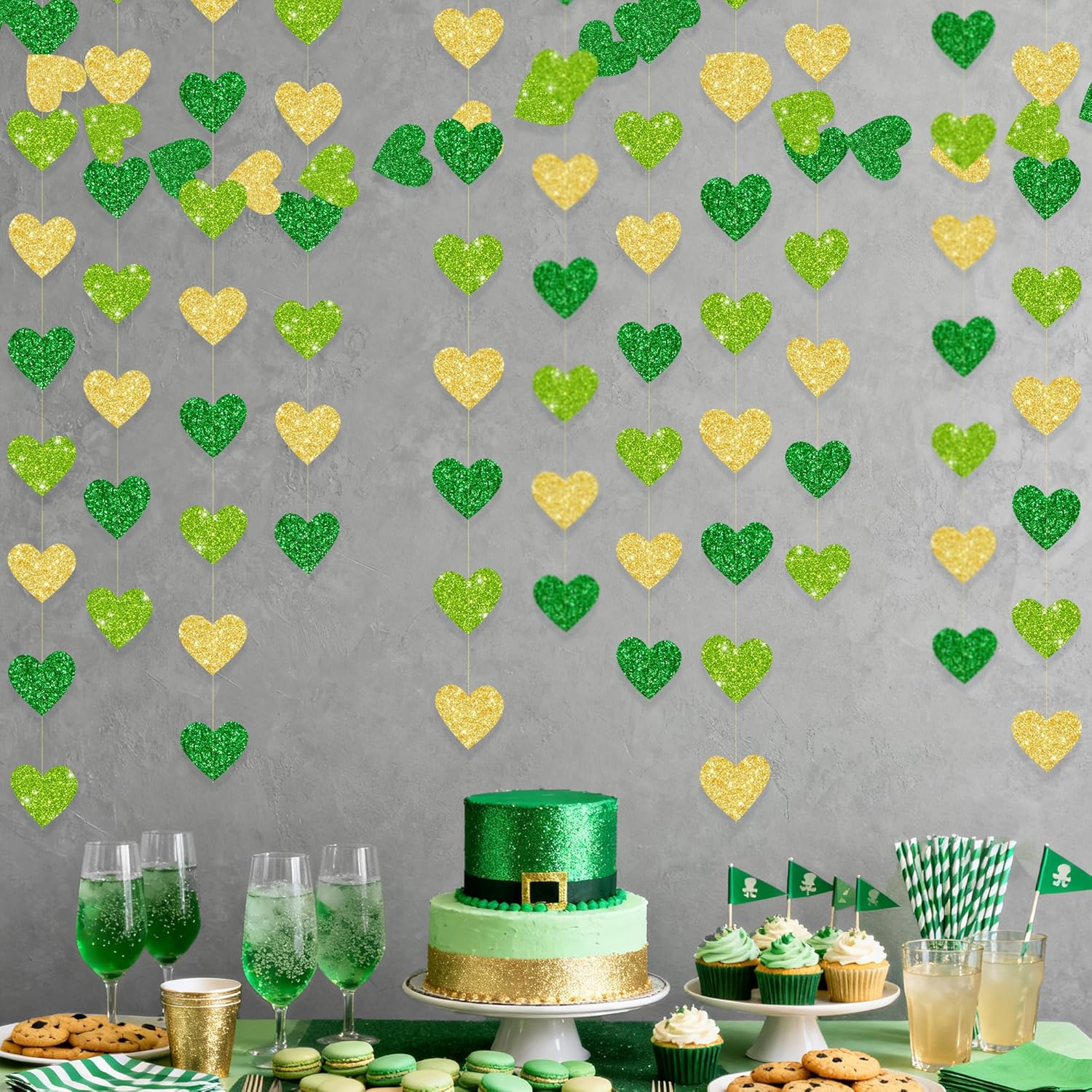 Gold and Green Heart Party Decorations Glitter Paper Love Heart Hanging Banner Streamer Garland for Birthday Wedding Valentines Day Spring Master Golf St Patrick's Day Christmas Holiday Party Supplies - Image 7