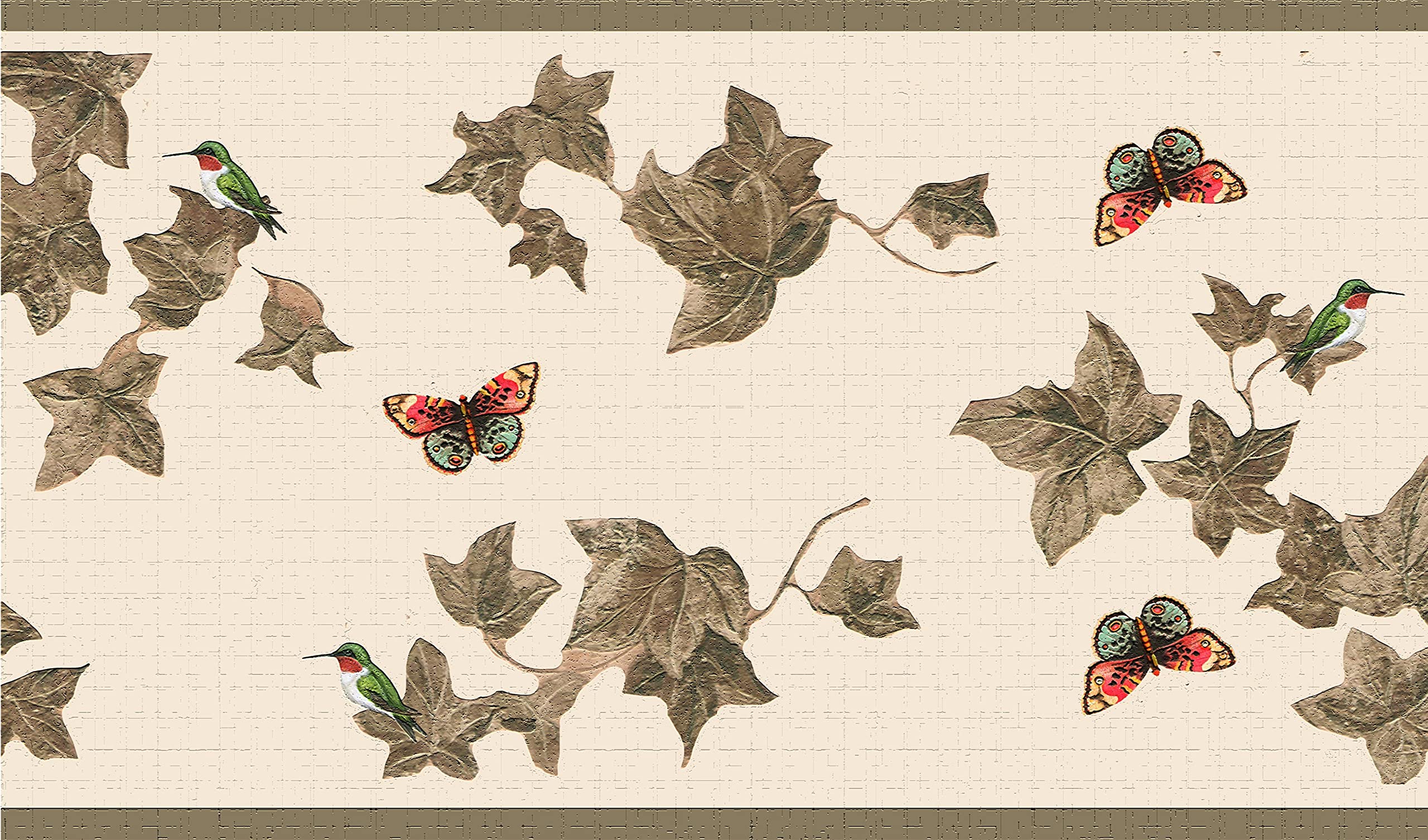 Dundee Deco DDAZBD9311 Peel and Stick Wallpaper Border - Nature Green Tan Leaves and Butterflies Wall Border Retro Design, 15 ft x 7 in (4.57m x 17.78cm), Self Adhesive