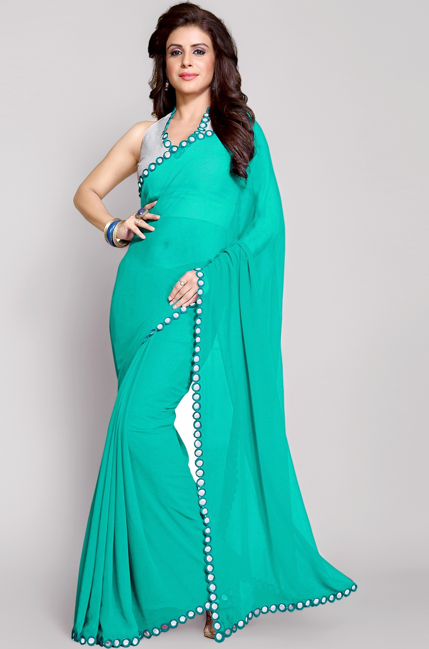 MIRCHI FASHION Women's Soft Georgette Designer Mirror Border Work Plain Saree With Blouse Piece