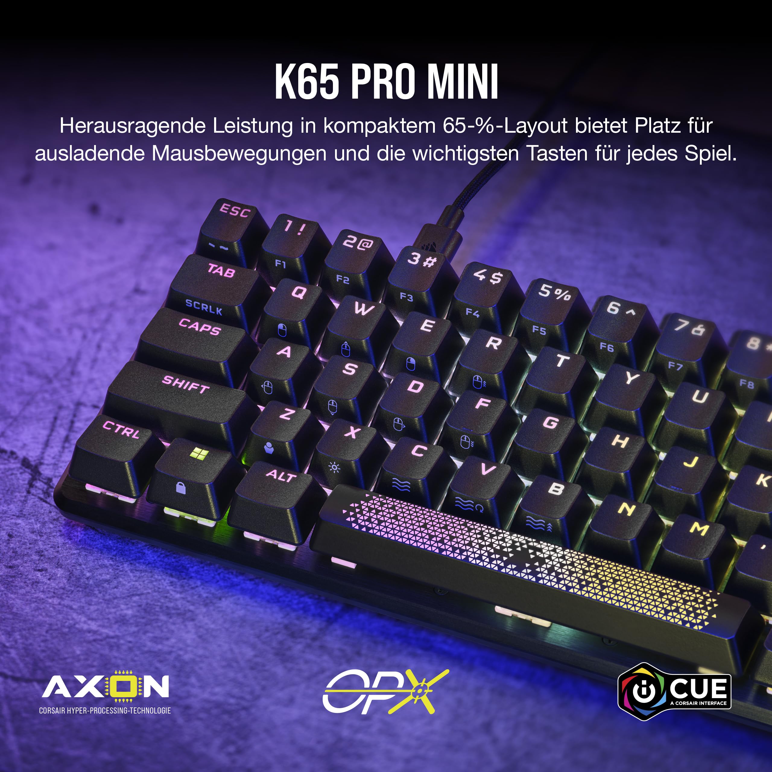Corsair K65 PRO Mini RGB 65% Optisch Mechanische Gaming Tastatur - Schwarz | QWERTZ DE, OPX Schalter, PBT Double-Shot Keycaps, iCUE Kompatibel, PC, PS5, PS4, Xbox