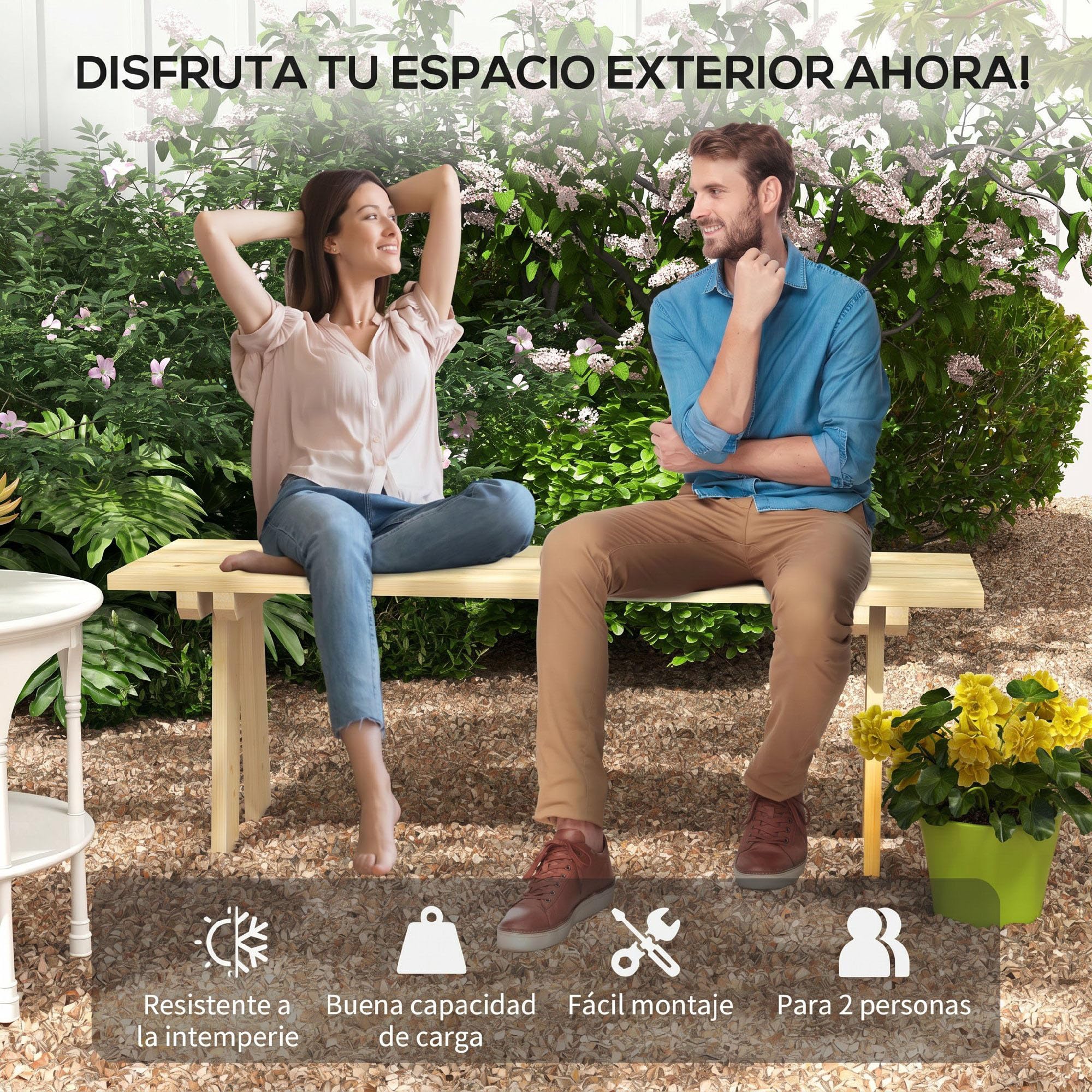 Outsunny Banco de Jardín de Madera 2 Plazas 130x38x45 cm Natural | Carga 220 kg, Banco de Exterior, para Patio Terraza Piscina