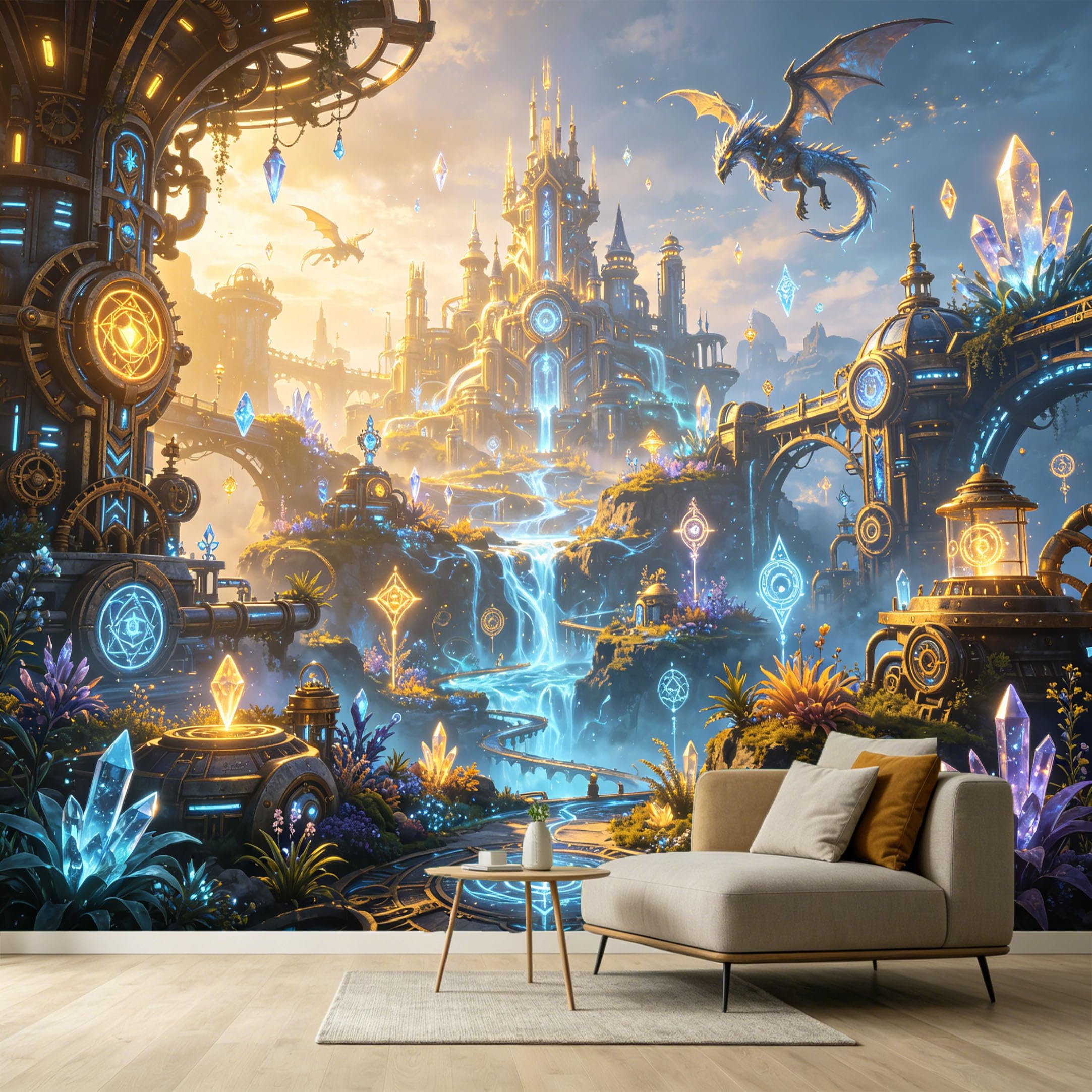 Custom Size Wall Murals Fantasy Castle Steam Gear Crystal Waterfall 3D Trompe L'Oeil SelfAdhesive Wall Fabric Removable Large Wallpaper for Photo Living Room