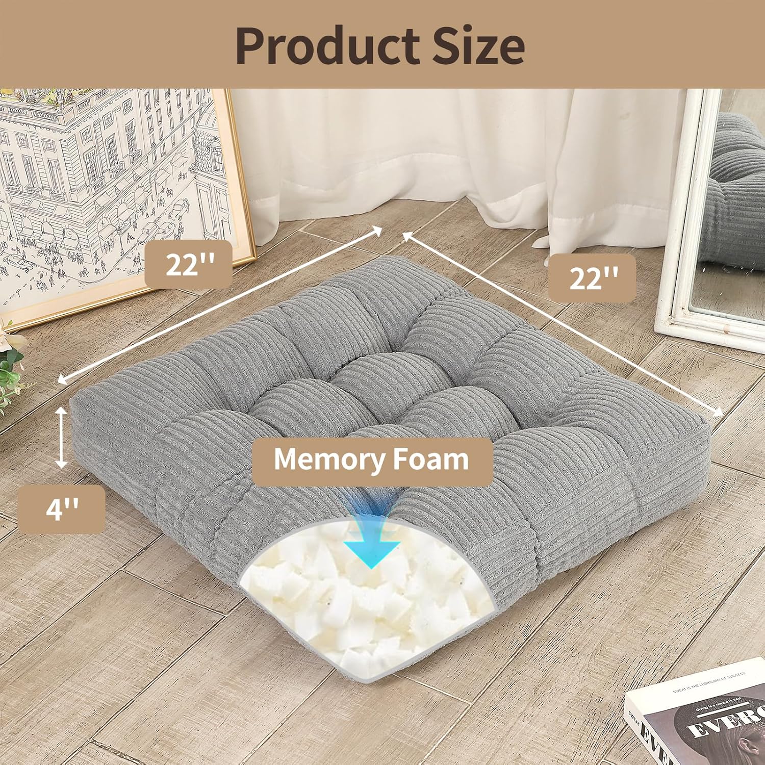 LOVMOC 22 inches Meditation Pillow, Square Large Floor Cushions for Adults, Thick Corduroy Floor Pillows for Sitting, Yoga, Living Room, Sofa, Tatami, LightGrey