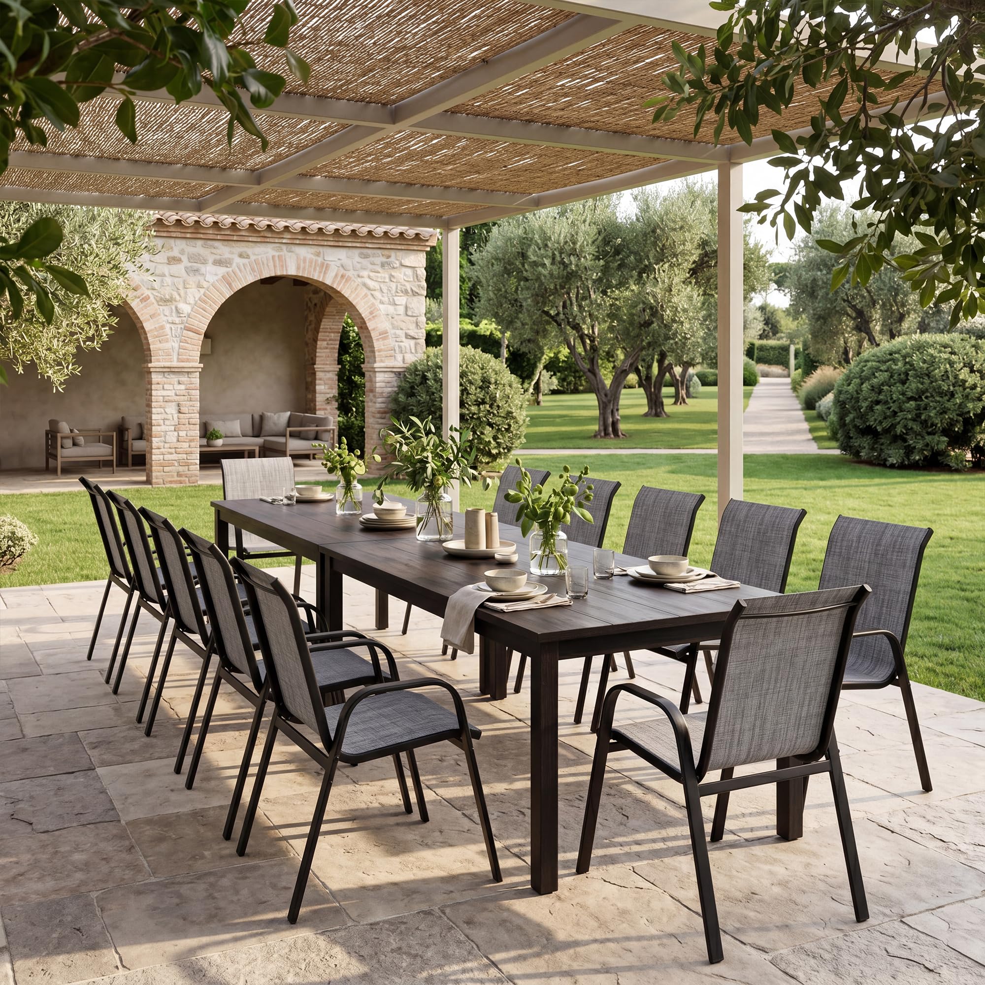 ALAULM Stackable Garden Chairs Set, All-Weather Outdoor Dining Set with High Back & Armrests,Breathable Textilene & Steel Frame for Patio, Balcony, Poolside (Grey, Set of 12) — image 1
