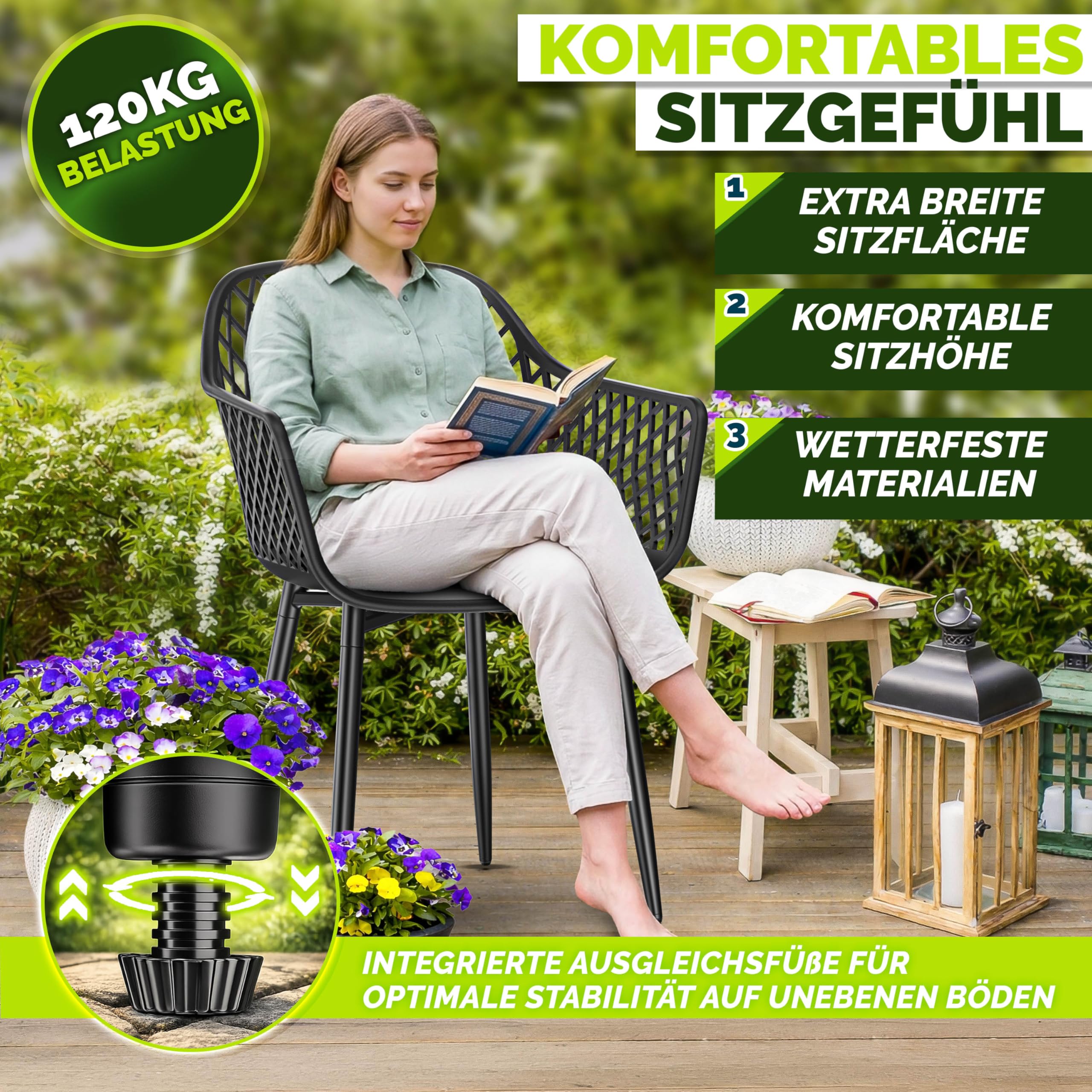 tillvex® Gartenstuhl 2er Set Wetterfest mit Armlehne | Outdoor Stühle bis 120kg belastbar | Gartenstühle UV-beständig | Terrassenstuhl Gartenmöbel Terrasse Balkon Outdoor Garten