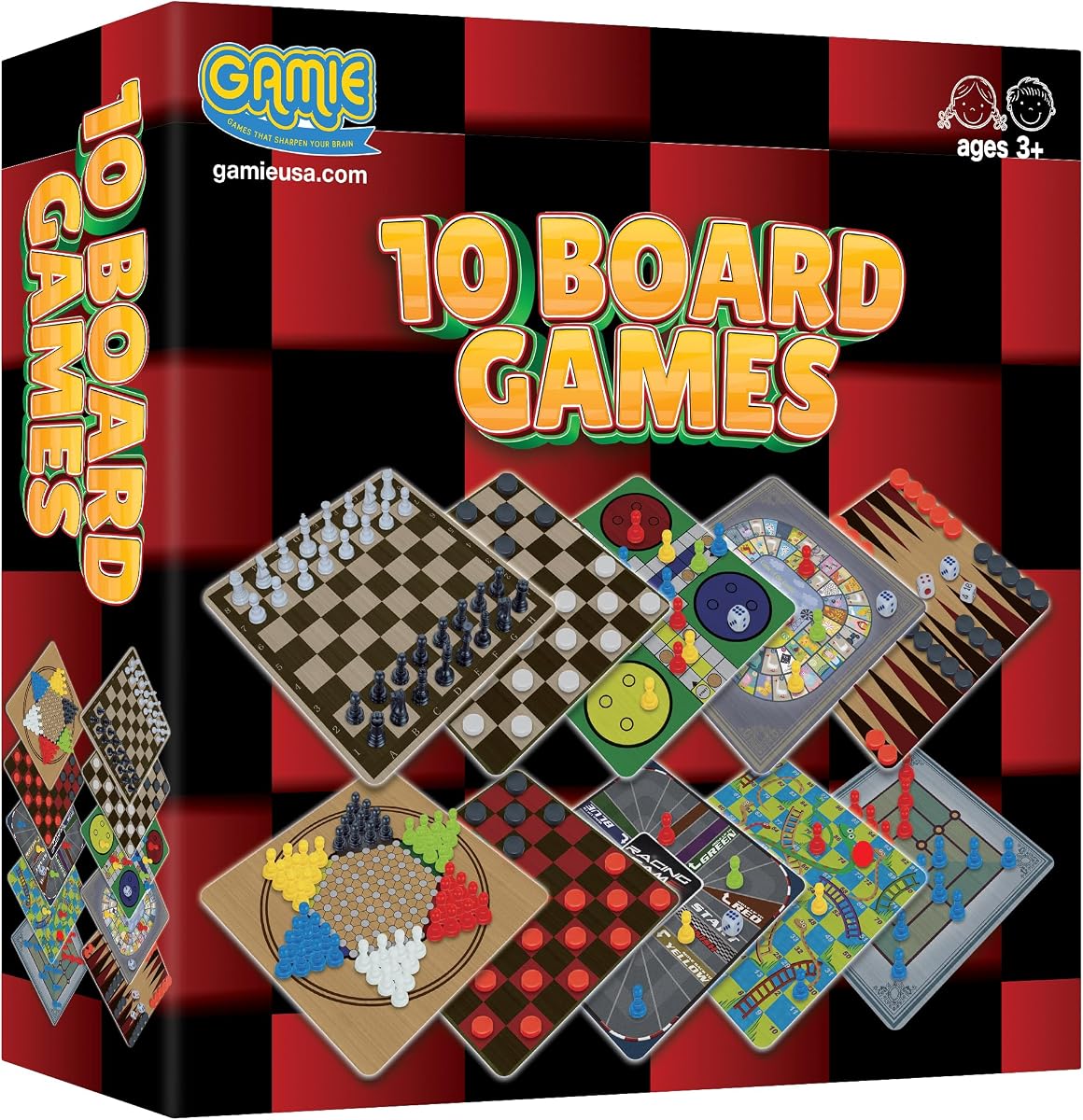 Gamie 10 Board Games Set, Classic Family Games for Kids and Adults, Includes 5 Double Sided Playing Boards with Backgammon, Chinese Checkers, Snakes and Ladders, Sorry, Draught, Racing, Chess and More