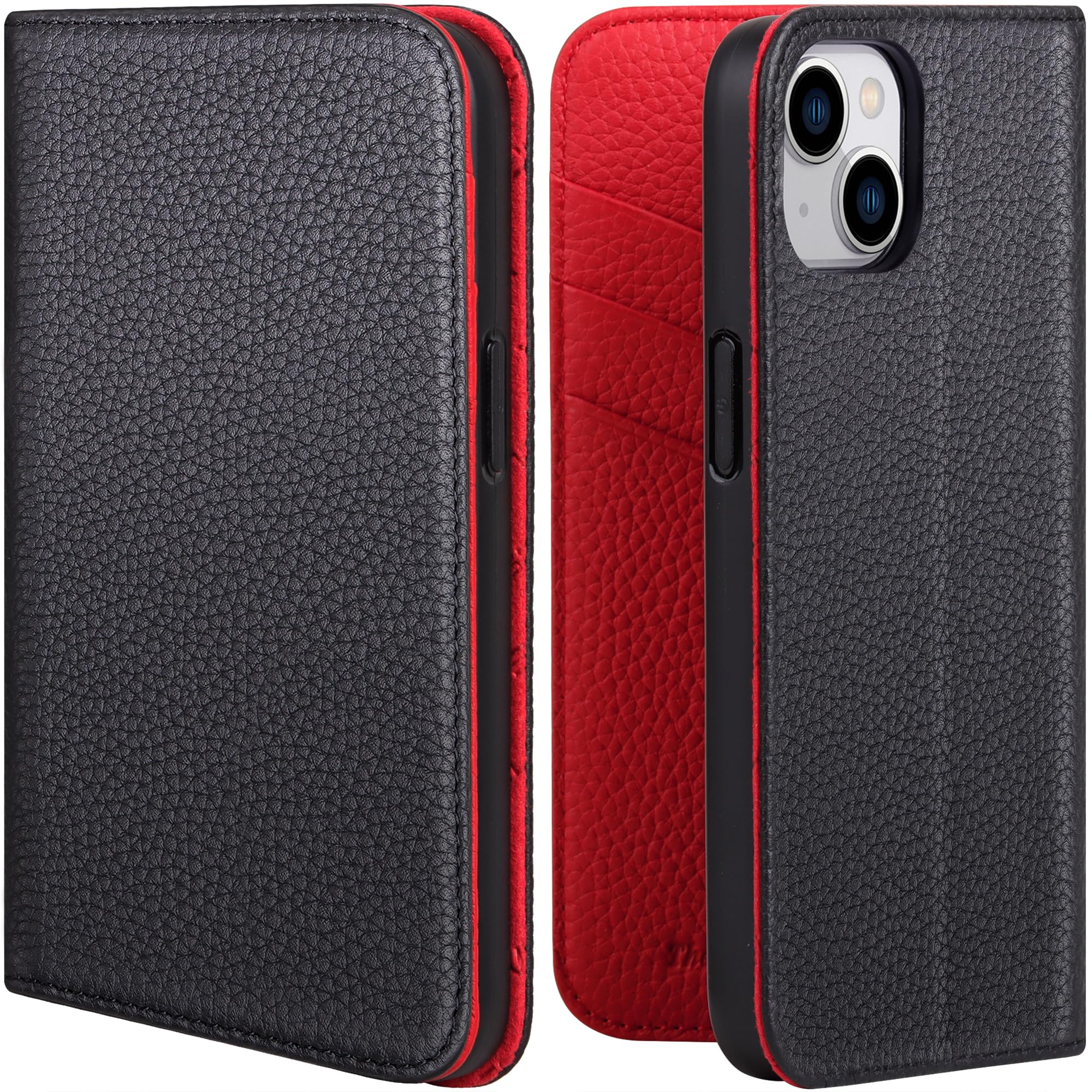 VISOUL iPhone 13 ケース アイフォン13 ケース 手帳型 本革 レザー スマホケース カード収納 携帯ケース 全面保護 マグネット 横置きスタンド機能付き iPhone 13 ケース 対応 6.1インチ シュリンクレザーアイホン13 レッド