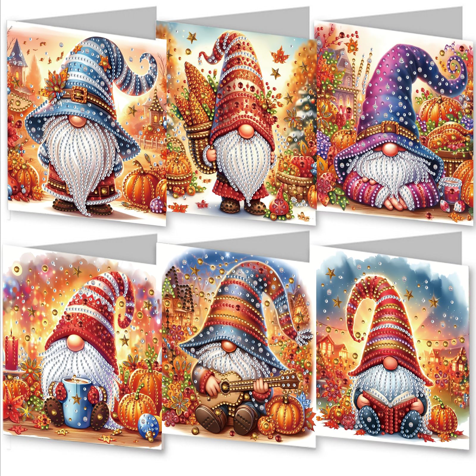 AYUCHYN ART 6 Pack Mixed Greeting Cards Autumn Gnome | 5D DIY Diamond Painting Crystal Art Cards Making Kit with Envelopes & Full Tools | Xmas Cards Gift Postcards for Handmade 30×15cm (Autumn Gnome)