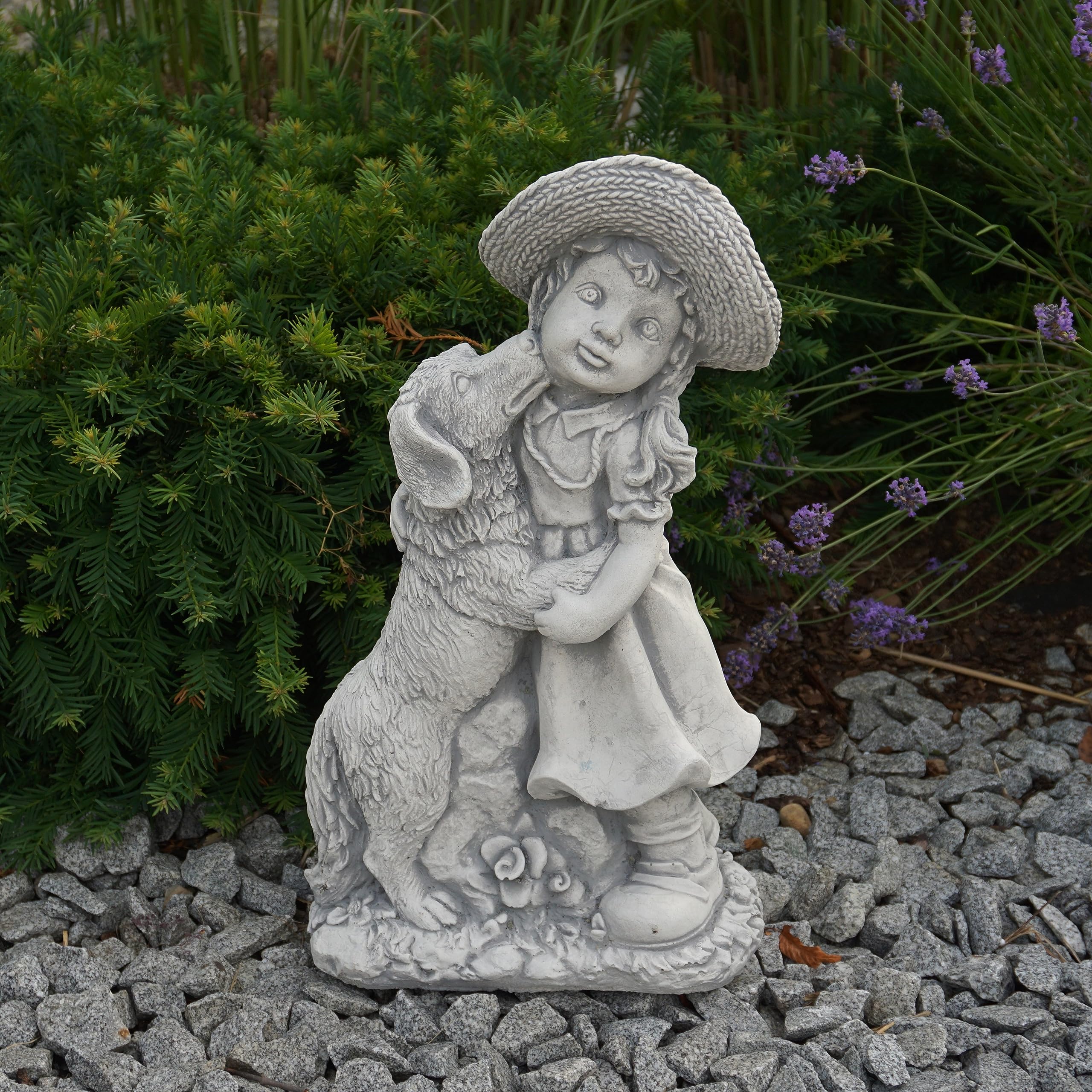 gartendekoparadies.de Mädchen mit Hund, Steinfigur H. 47 cm, 13 kg, Grau, frostsicher aus Steinguss für Außenbereich