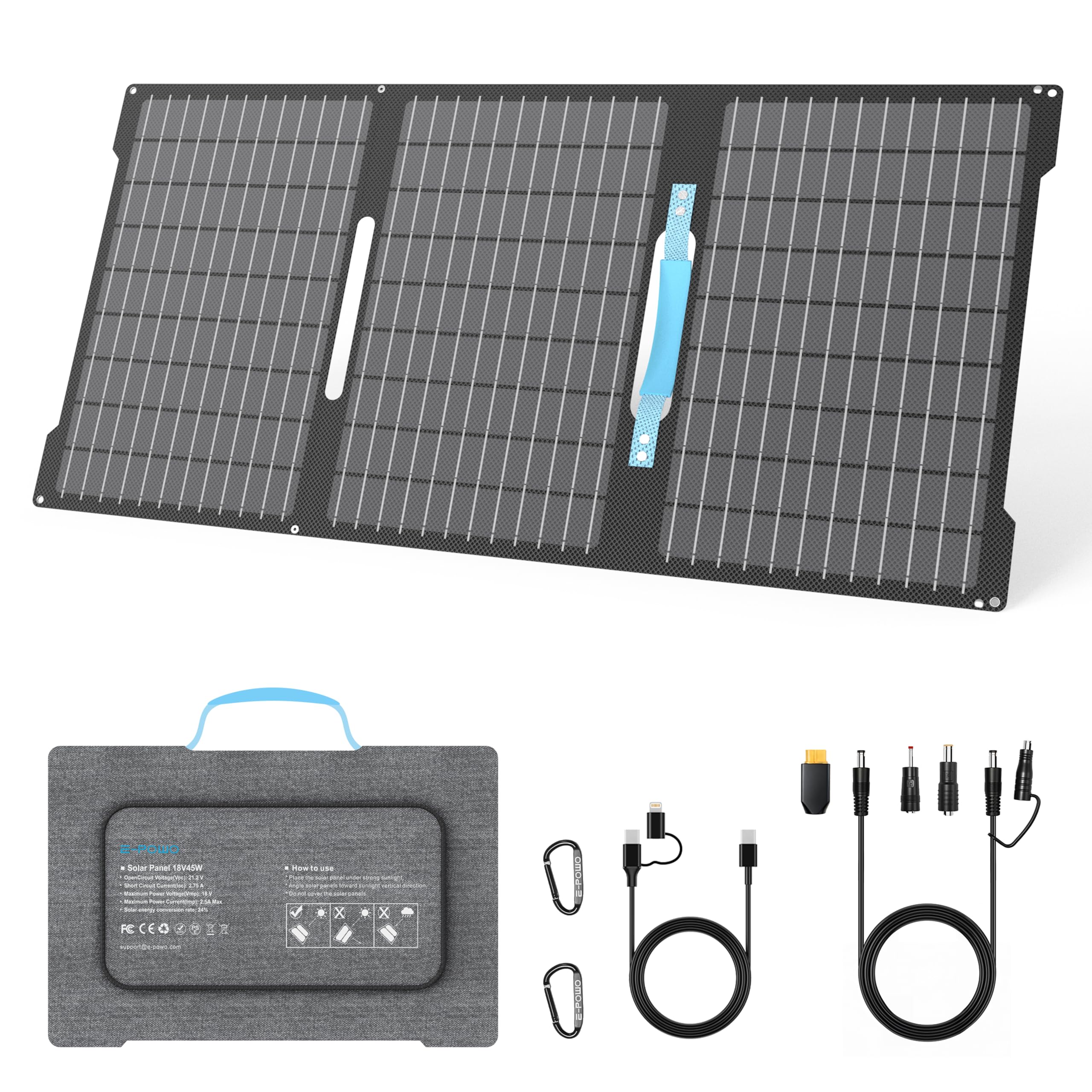 Przenośny panel słoneczny 45 W, ładowarka z USB-C PD 3.0 i USB-A QC 3.0, wodoszczelność IP67, do powerbanków, smartfonów, iPhone'ów, urządzeń z systemem Android, aparatu, na kemping i na
