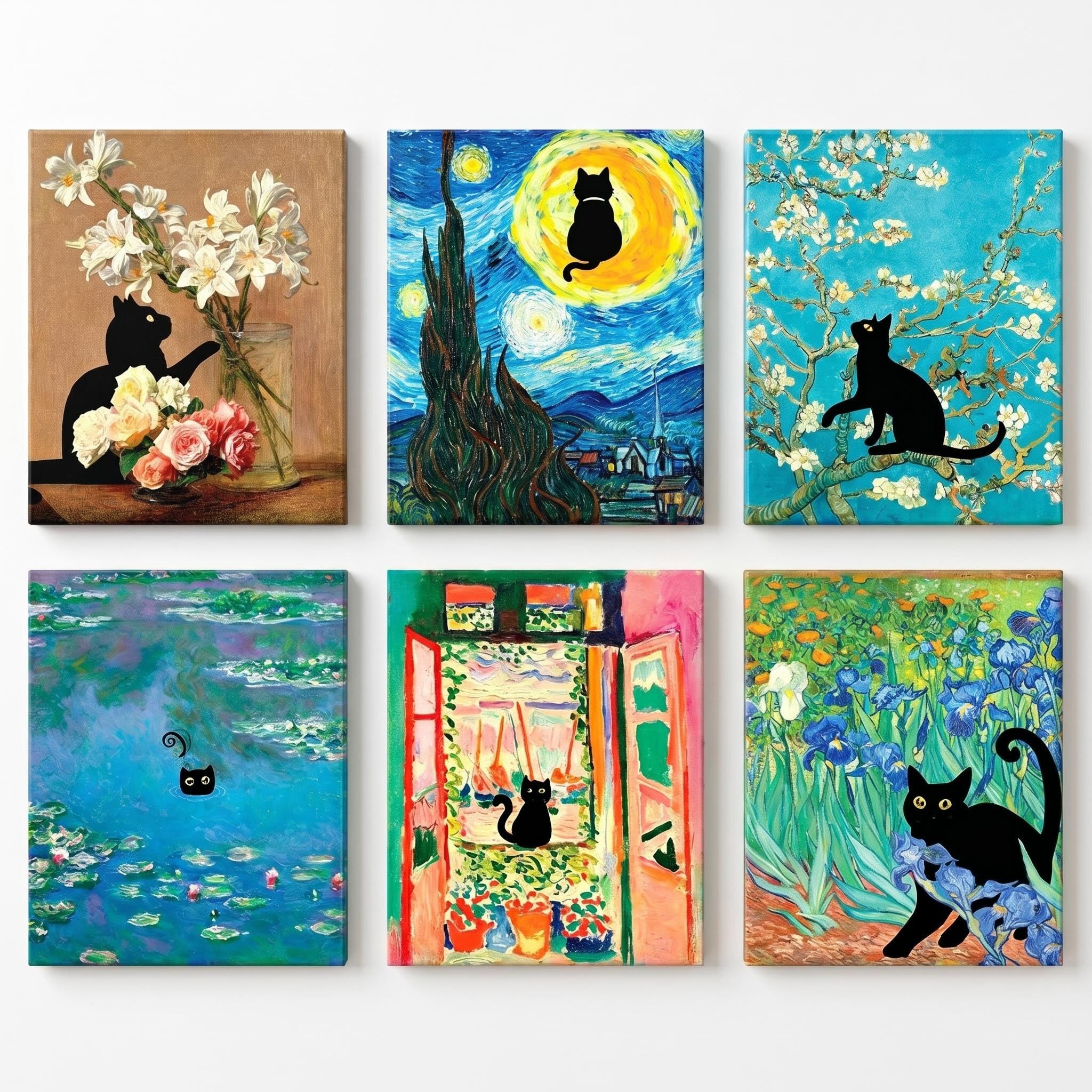 6Pcs Black Cat Art Prints Vintage Van Gogh Monet Matisse Style Cat Wall Art Posters Set 8"×10" Unframed Cats Bathroom Wall Art Vintage Cute Cat Wall Decor for Living Room, Bedroom, Office, Home Decor