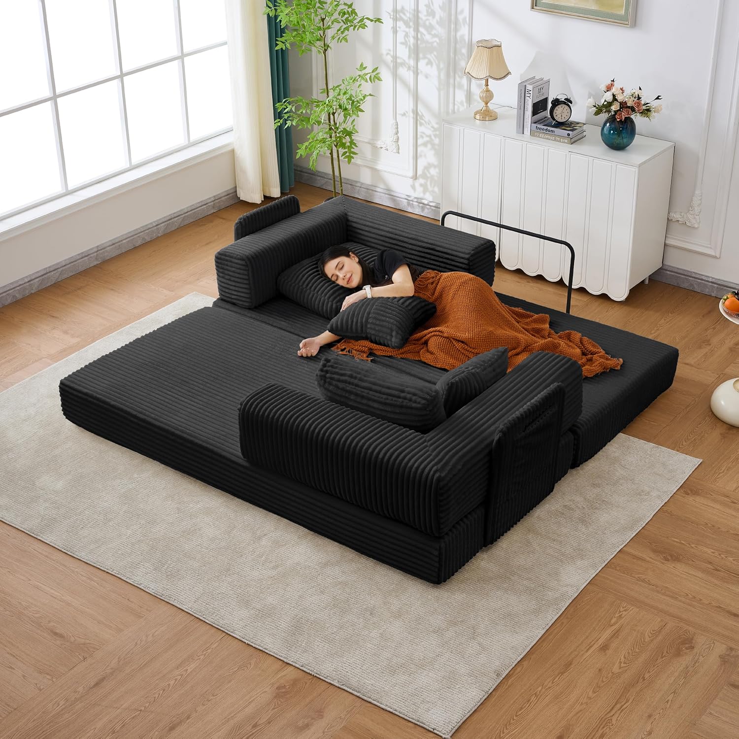 79.5" Folding Convertible Sofa Bed with Side Storage Pockets, 4-in-1 Corduroy Boneless Couch, No Assembly Loveseat Sleeper, Floor Sofa Daybed Futon Couch for Living Room Bedroom Lounge, Black Upgraded