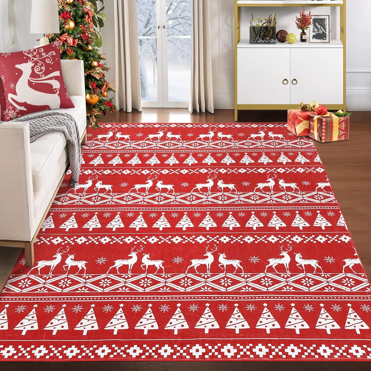 RUGSREAL 8x10 Christmas Area Rug Christmas Tree and Deer