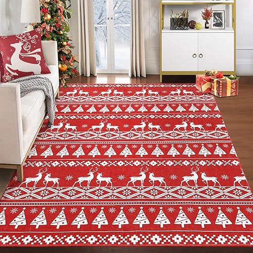 Alfombra de área de Navidad de 8 x 10 pies, diseño de árbol de Navidad y ciervos, cubierta de suelo, lavable a máquina, alfombra decorativa