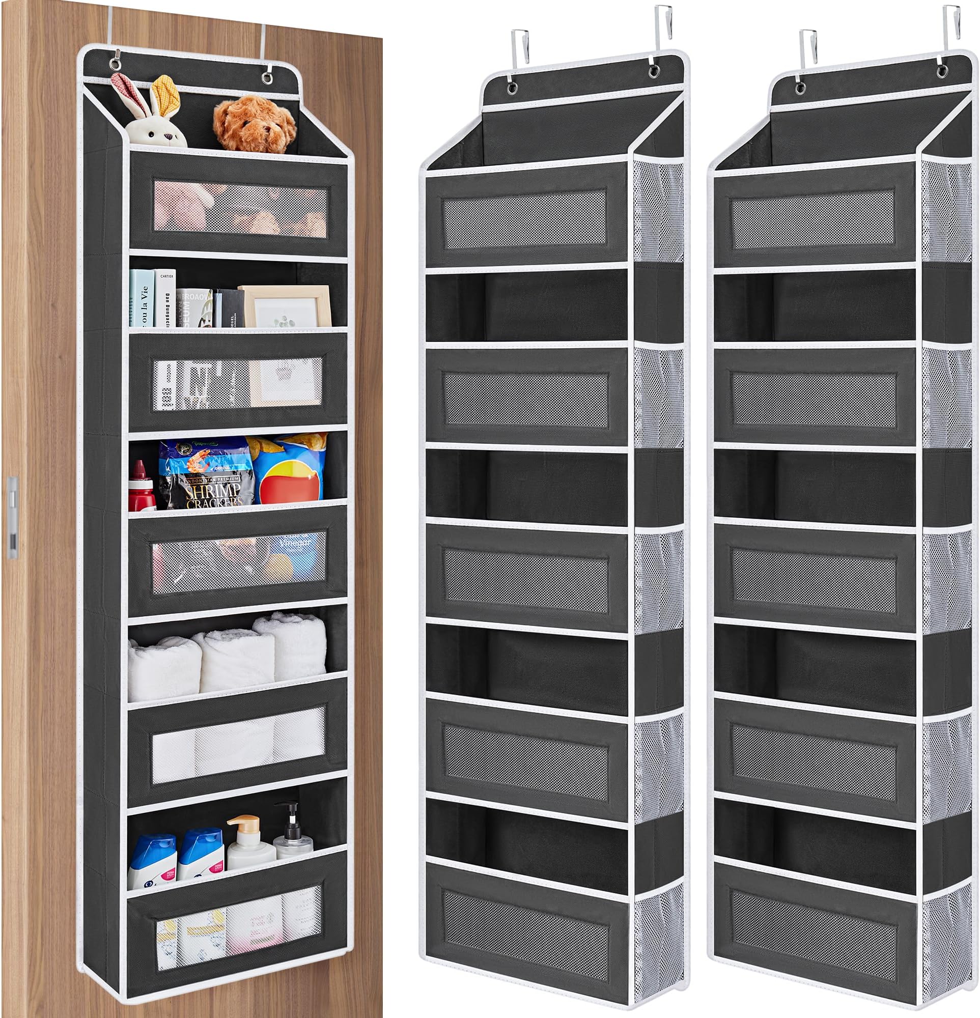 JARLINK 2 Pack Over The Door Organizer Storage, 5 Shelf Hanging Door Organizer with 5 Large Capacity Pockets, Anti Tilt 44 lb Load Behind Door Storage for Bedroom, Bathroom, Pantry, Nursery, (Black)