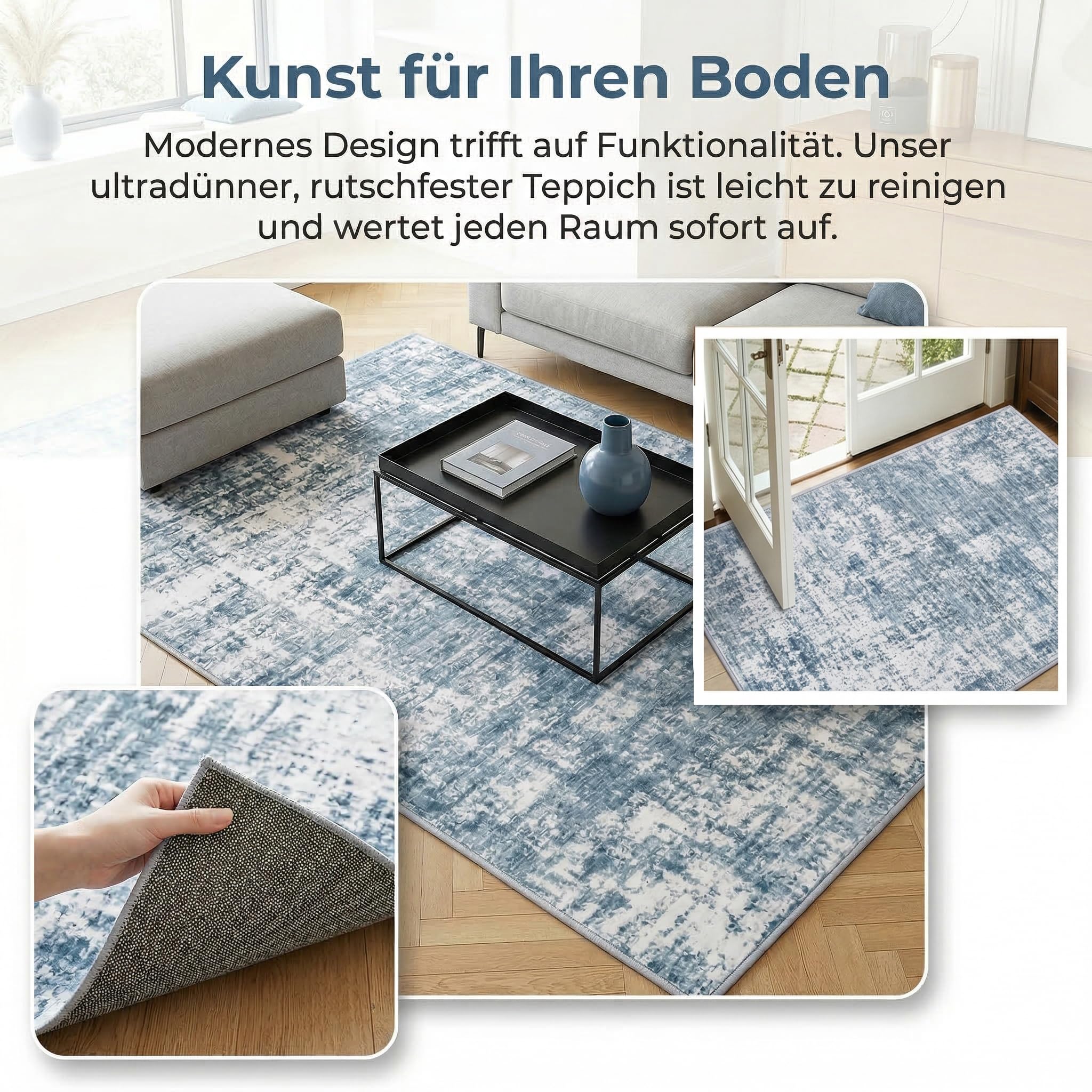Tappeto Salotto Moderno Astratto Pelo Corto, Grigio blu, 120x160cm | Tappeti in Lana Sintetica Grandi Antiscivolo Lavabile in Lavatrice per Camera da Letto, Soggiorno