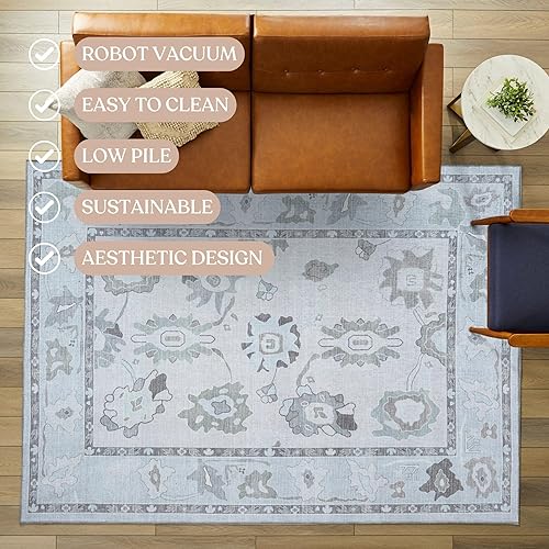 Miniatura 4 de Fame Living - Tapete Oushak pequeño, moderno, vintage, turco, ecléctico, floral, pastel, lavable, tapete para entrada interior, cocina, baño, Beige