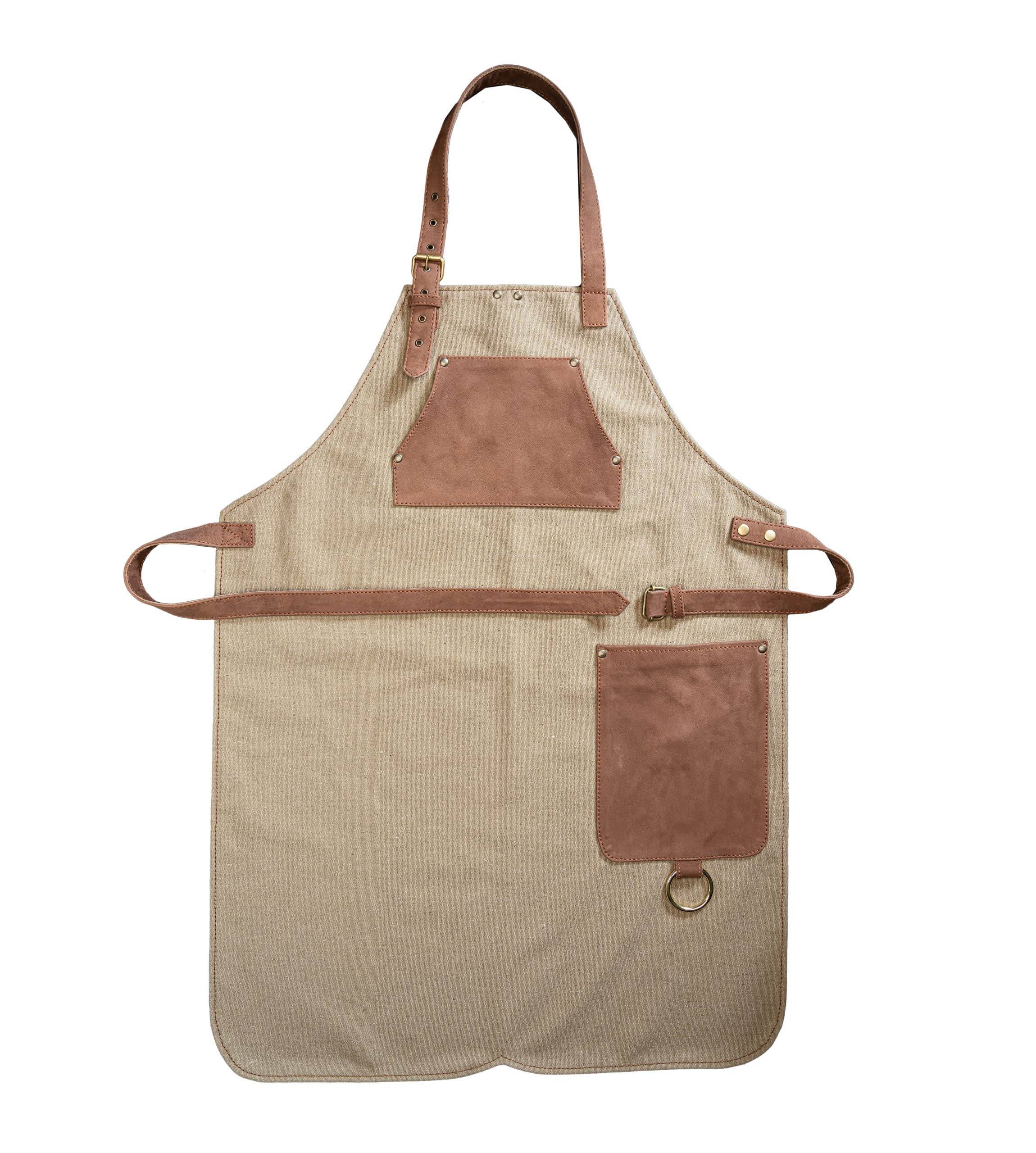 Hayden Tablier de cuisine, en toile de qualité supérieure et cuir véritable, réglable, avec sangle en cuir, pour cuisine, barbecue et barista, Toile beige, taille unique