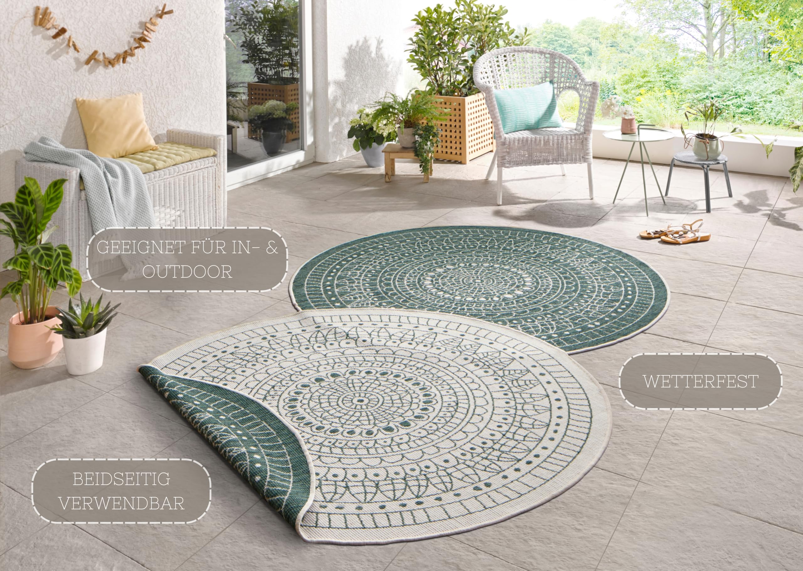 Hanse Home Northrugs Porto In- und Outdoor Teppich Rund – Runder Wendeteppich Wasserfest Mandala Design Flachgewebe Teppich Wetterfest für Balkon, Terrasse, Garten, Wohnzimmer in Grün Creme, ⌀140cm