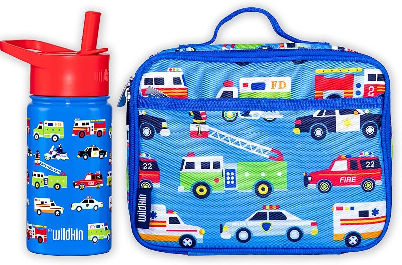 Wildkin Lunch Box Bag Bundle with 14 oz Steel Water Bottle for Kids – Durable, Insulated Kids Lunch Set for School & Travel - Heroes