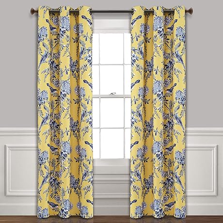 Lush Decor: Navy Blue and Yellow Bird and Flower Blackout Curtains