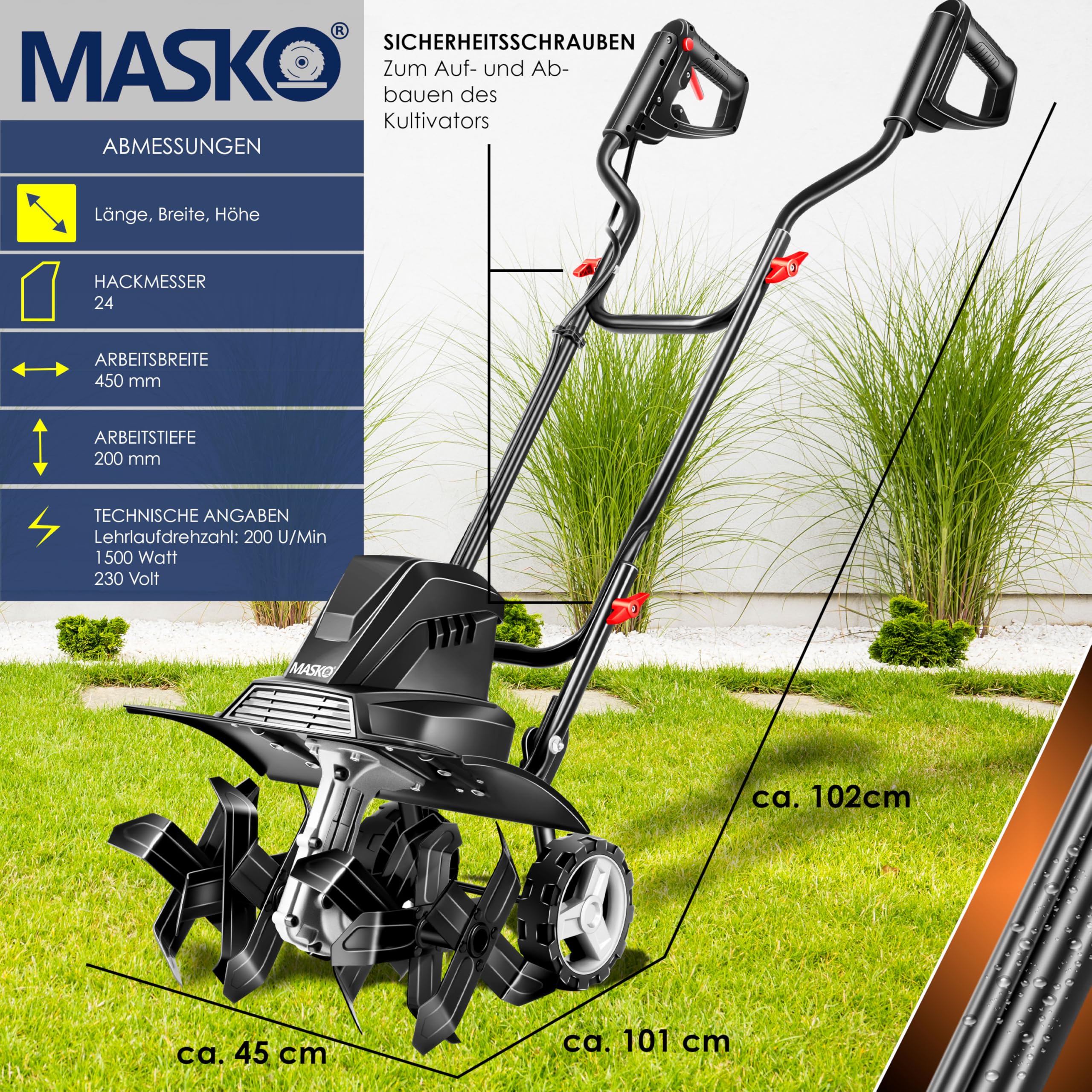 MASKO® Motorhacke elektrisch | Gartenfräse 1500 Watt 45cm Breite 20cm Tiefe | Bodenhacke Ackerfräse Kultivator | Elektro Hacke | klappbarer Handgriff Metallgehäuse | Transporträder & Zubehör | schwarz