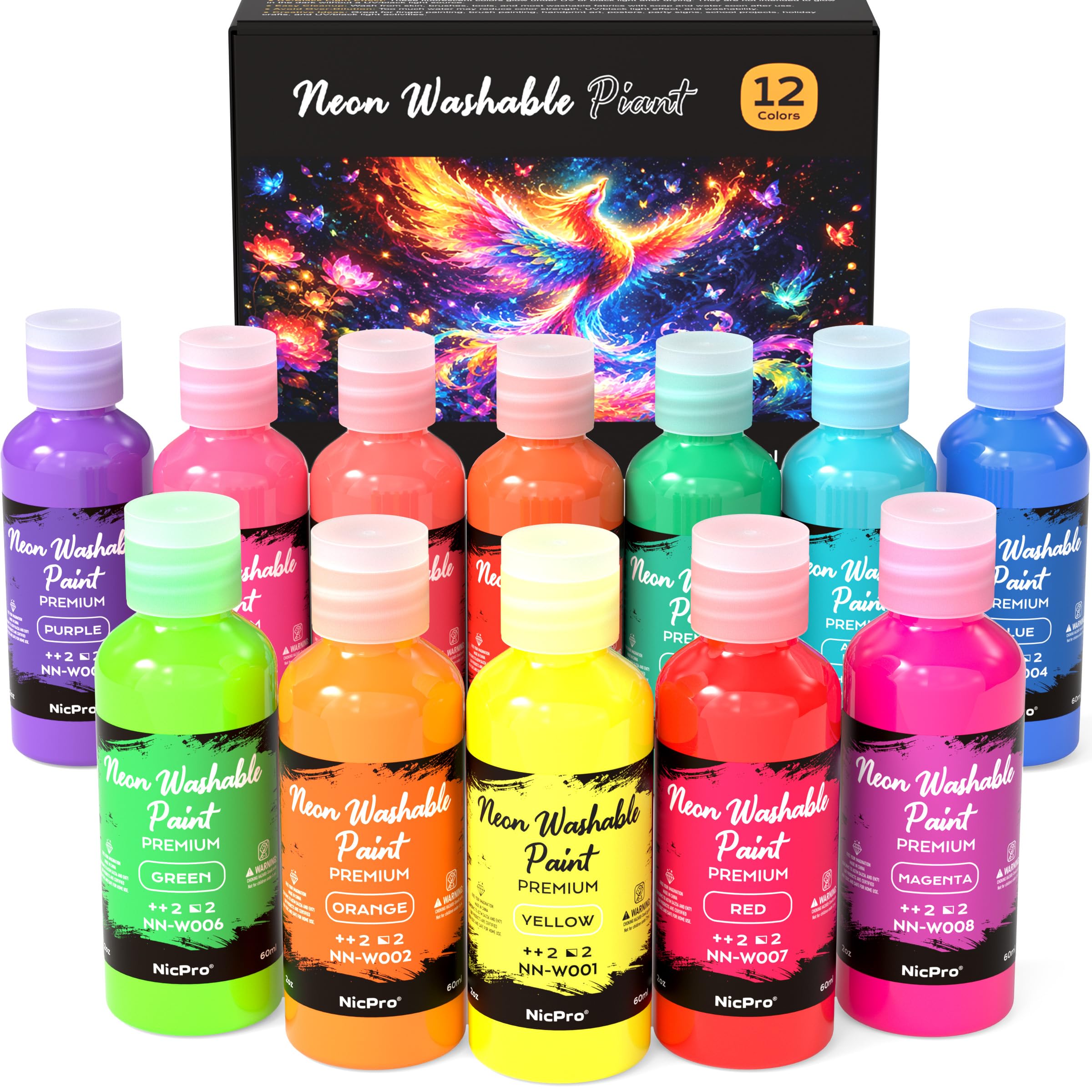 Nicpro 12 Colors Neon Washable Paint Set for Kid 2oz, Glow Under Blacklight