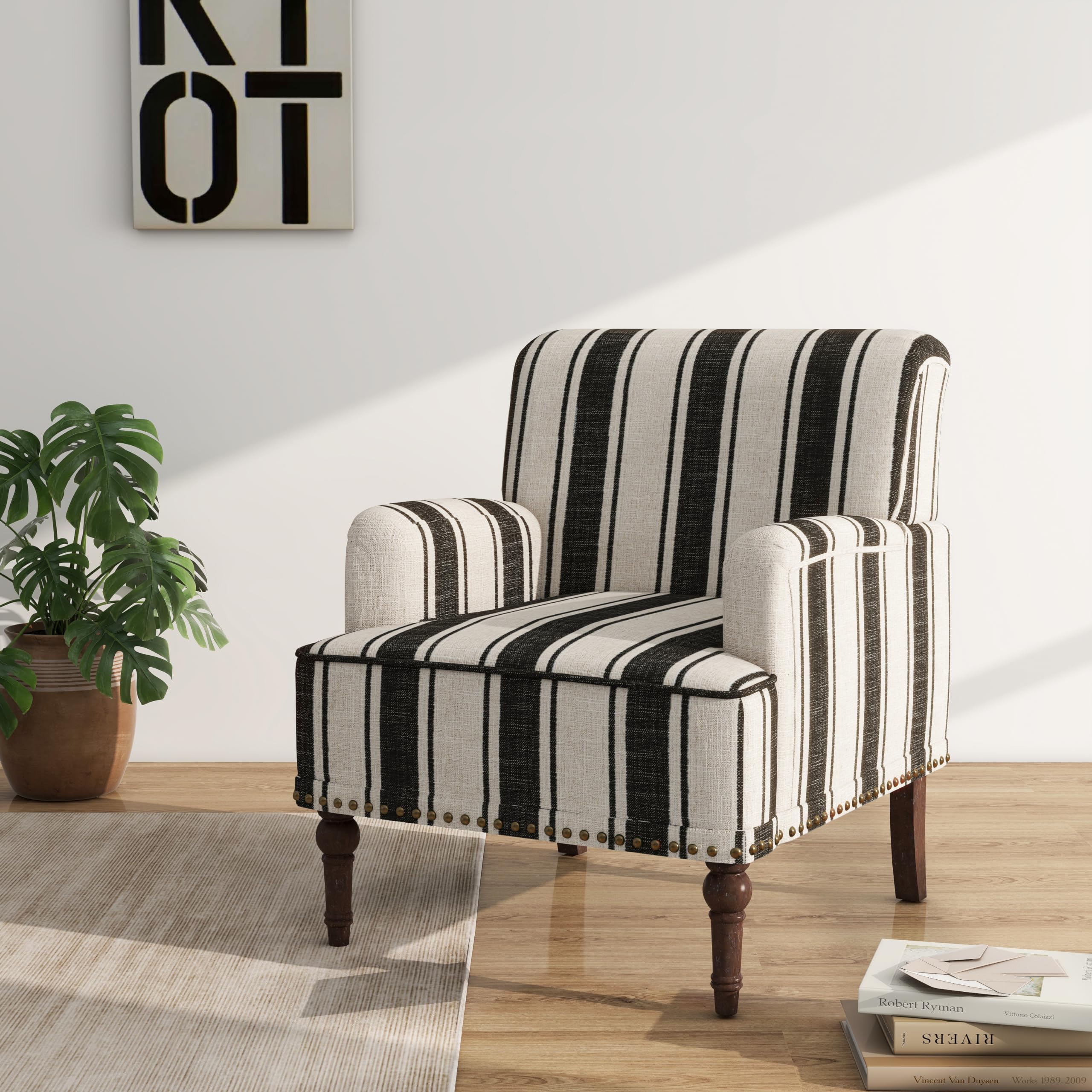 Accent Chair, Mid Century Modern Comfy Armchair for Living Room, Linen Fabric Single Sofa Lounge for Reading Bedroom Apartment Waiting Room with Wood
