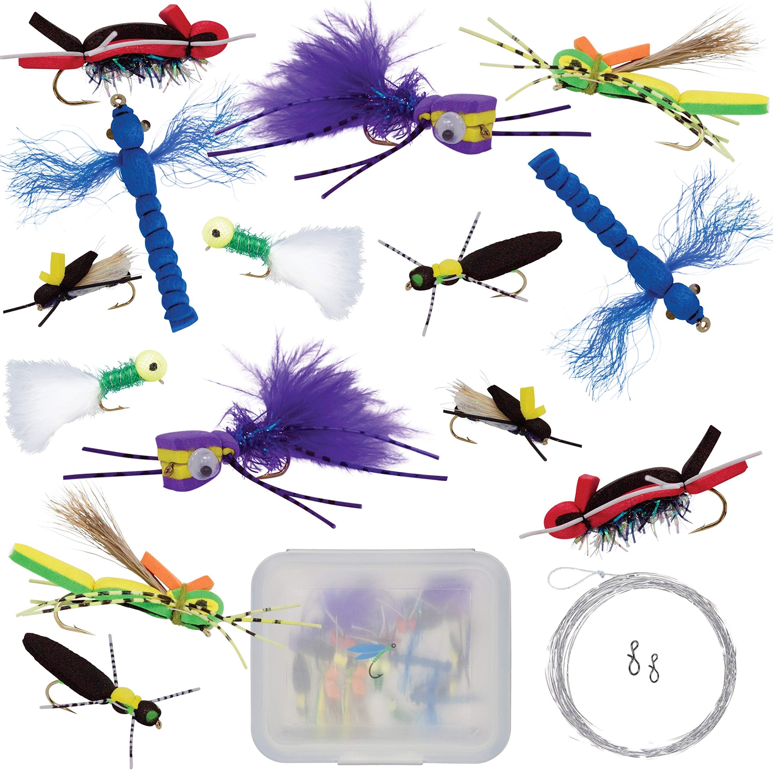 Topwater Fly Fishing Kit for Bass & Panfish | 14 pc Set + Tapered Leader and Snaps - Foam Poppers, Hoppers, Dry Flies, Spiders, Ants, & Attractors (Hook Size 8 to 10)