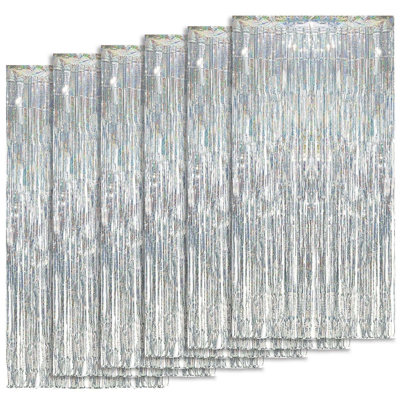 KOOSREEL 6 Metallic Tinsel Silver Curtains (1 x 2 m), Glitter Foil Decoration for New Year, Wedding Party, Birthday Decoration, Aluminium Fringe Curtains