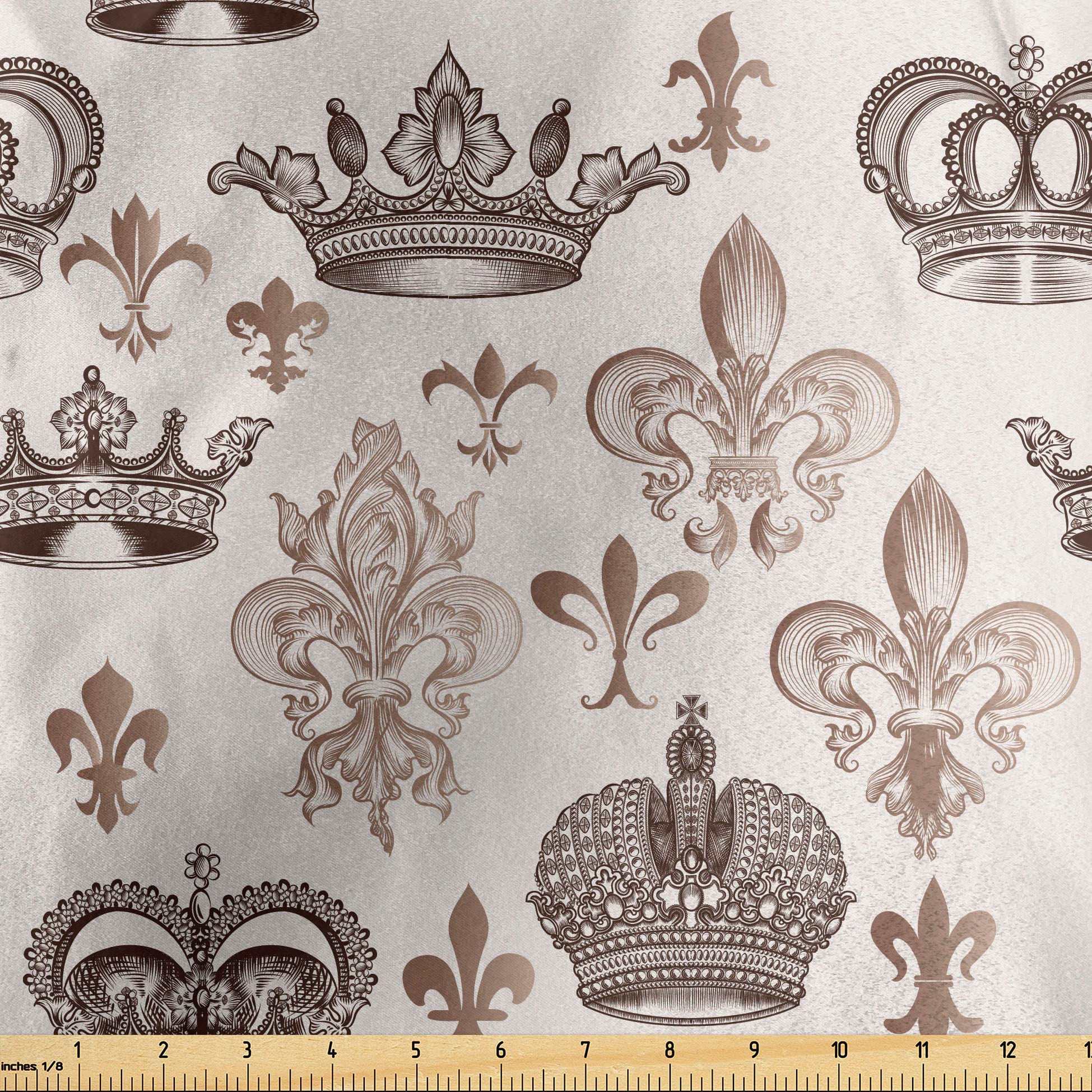 Lunarable Fleur De Lis Fabric by The Yard, Crowns and Fleur-de-Lis Shapes in Engraved Style Fame Symbolic Artwork Print, Decorative Satin Fabric for Home Textiles and Crafts, 2 Yards, Beige Tan