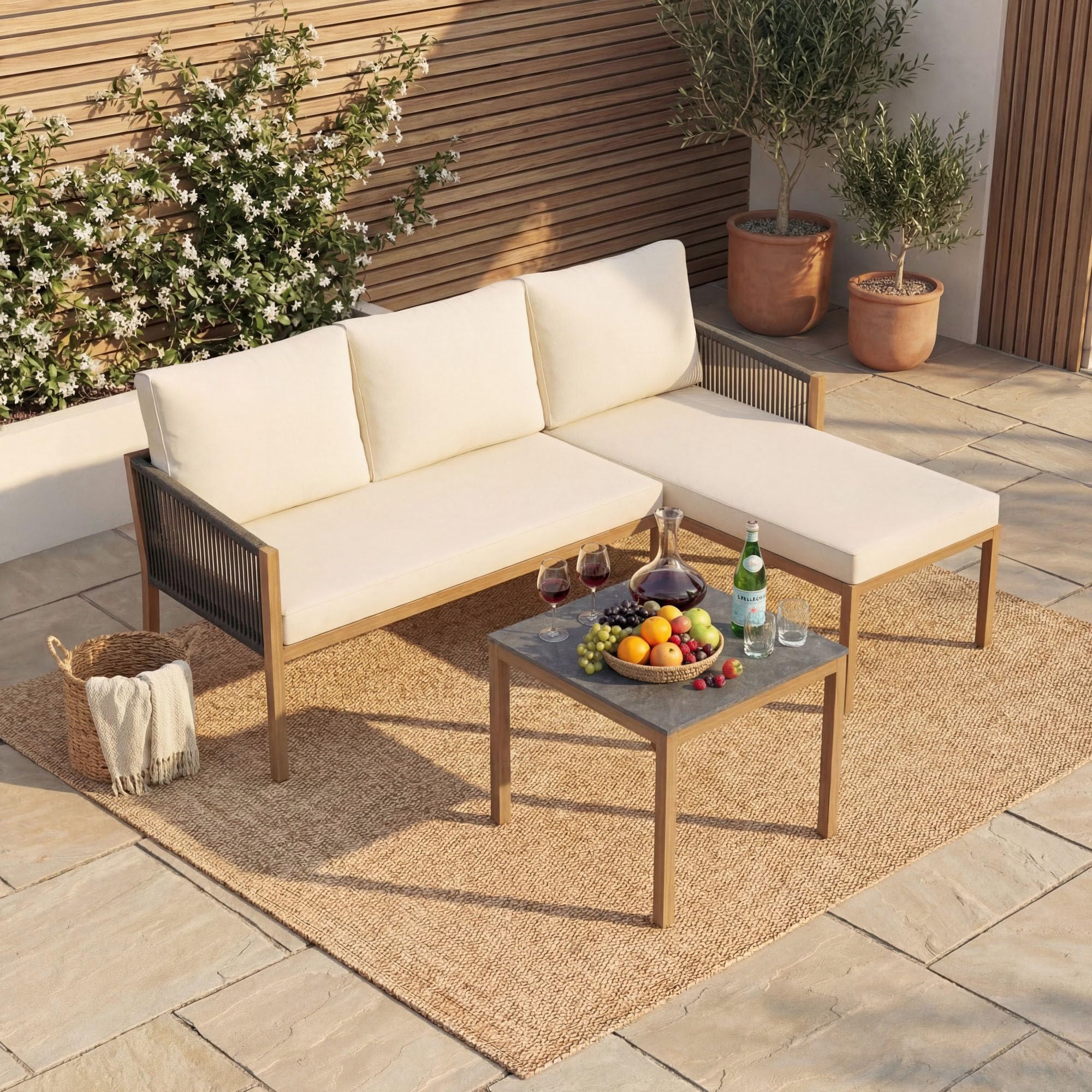 LIFEZEAL Salon de Jardin 3 Pièces Extérieur, Canapé d’Angle en L avec Table Basse Effet Marbre, Coussins et Structure en Métal, Canapé 2 Places et Méridienne pour Terrasse, Jardin, Patio (Beige)