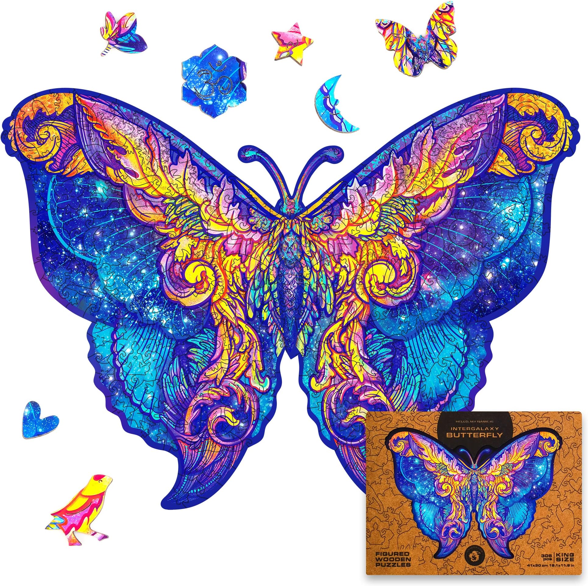 UNIDRAGON Original Wooden Jigsaw Puzzles - Intergalaxy Butterfly, 306 pcs, King Size 16.1"x11.8", Beautiful Gift Package, Unique Shape Best Gift for Adults and Kids