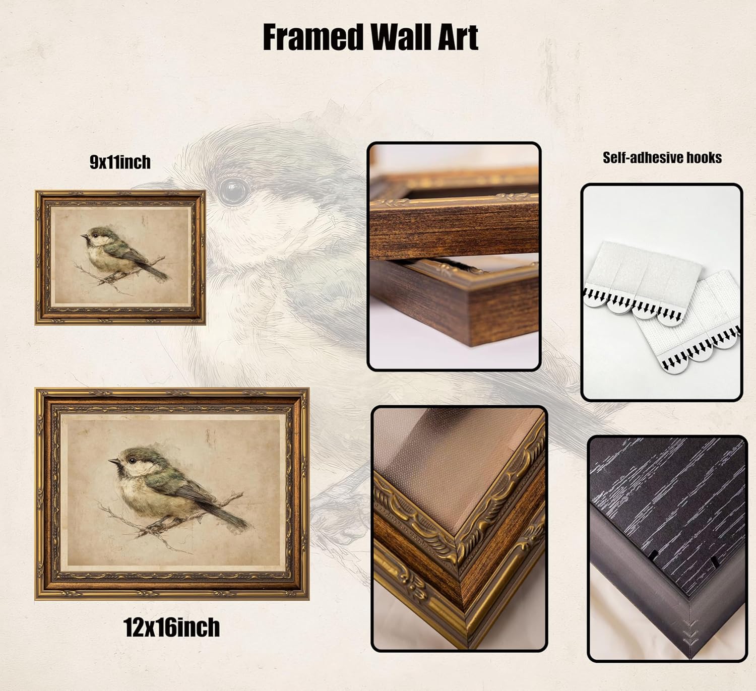 Rustic Bird Framed Wall Art - Vintage Nature Sketch Canvas Print - Farmhouse Decor for Living Room - 12x16 Inches