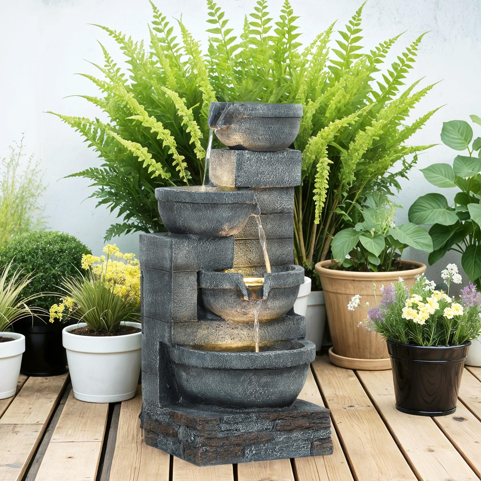Outsunny Fuente de Agua Fuente de Jardín con Iluminación LED Fuente Decorativa en Cascada de 4 Niveles para Jardín Patio Terraza 38x35x78,5 cm Gris