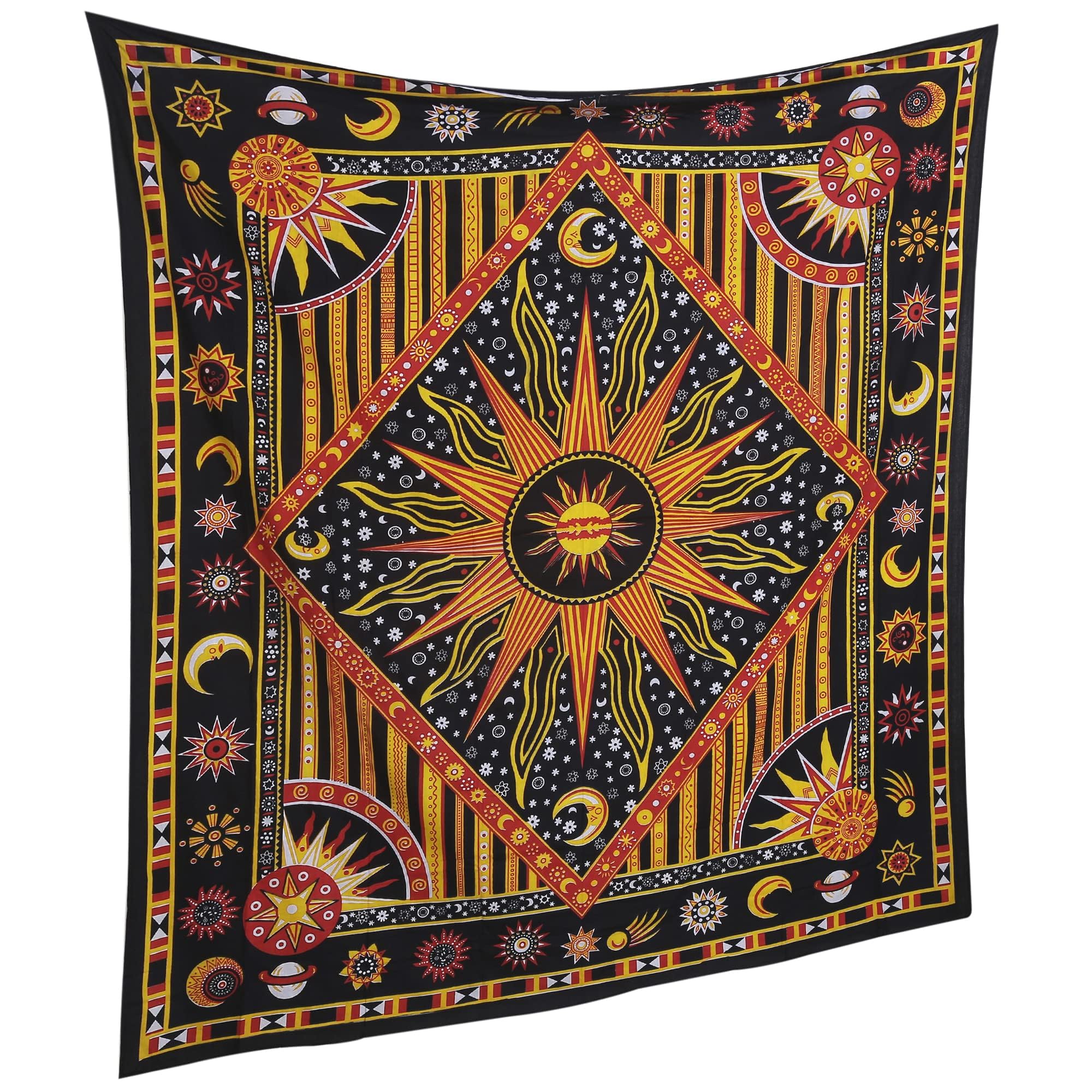 Yugarlibi Arazzo decorativo da parete con fasi lunari, in cotone boemico, lungo, per camera da letto, nero, 130 x 32,5 cm