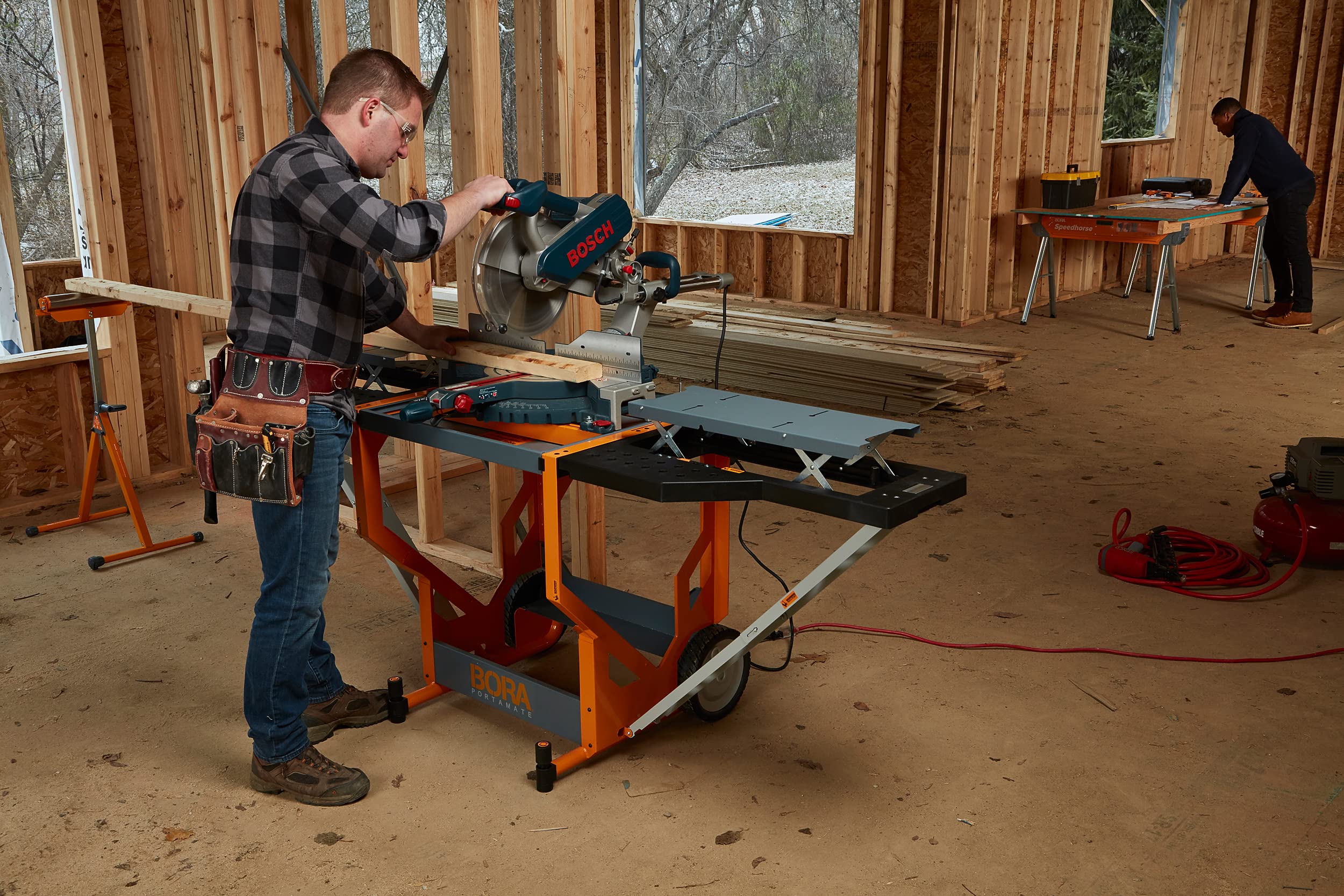 BORA Portamate PM-8000 Miter Saw Workstation and Adjustable Pedestal Roller, Mobile Rolling Workbench with Additional Outfeed Support Pedestal Roller for Carpenters, Contractors and DIY, PM-8000B