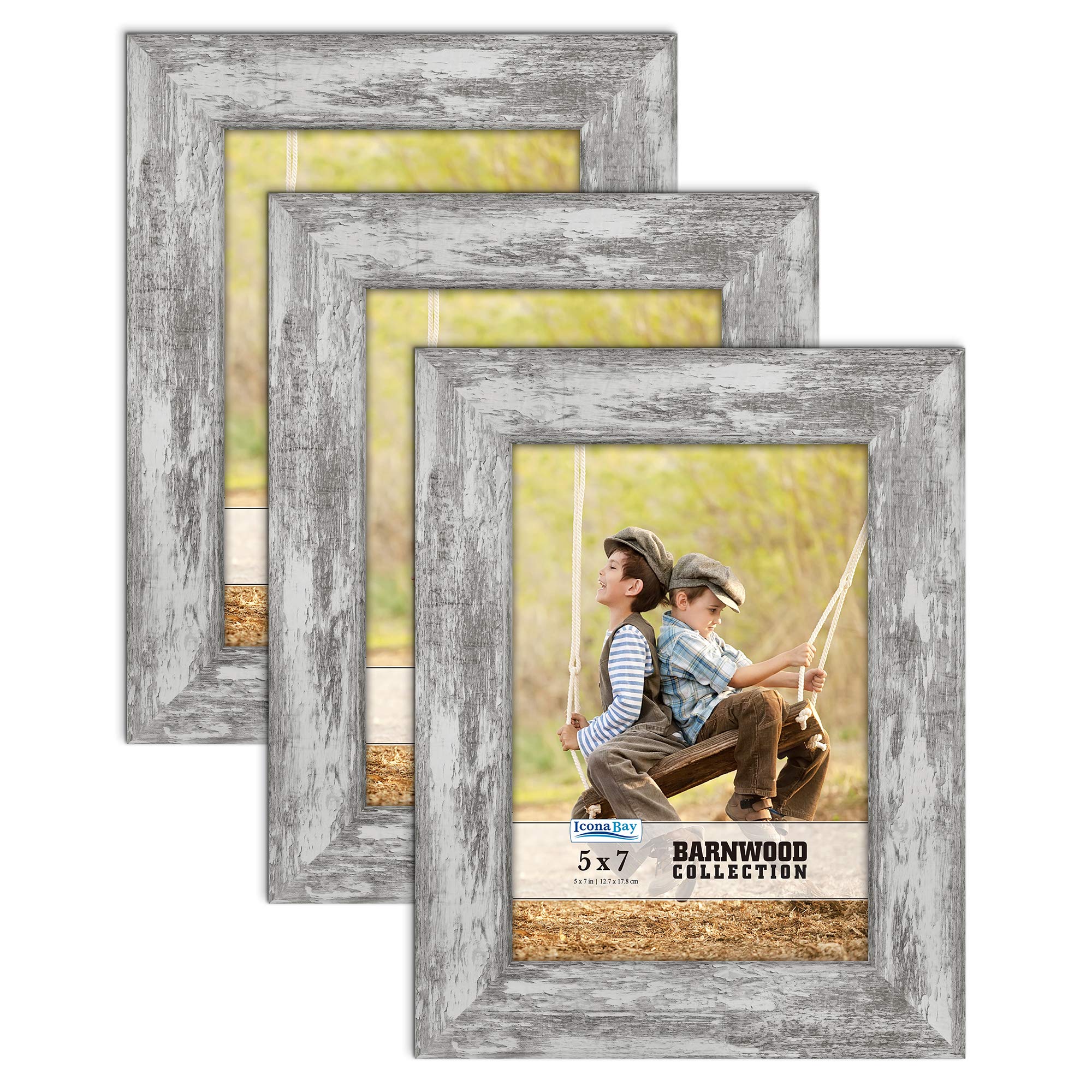 Icona Bay5x7 Picture Frame (Pony Gray, 3 Pack), Country Rustic Style 5 x 7 Photo Frame, Table Top or Wall Mount, Barnwood Collection